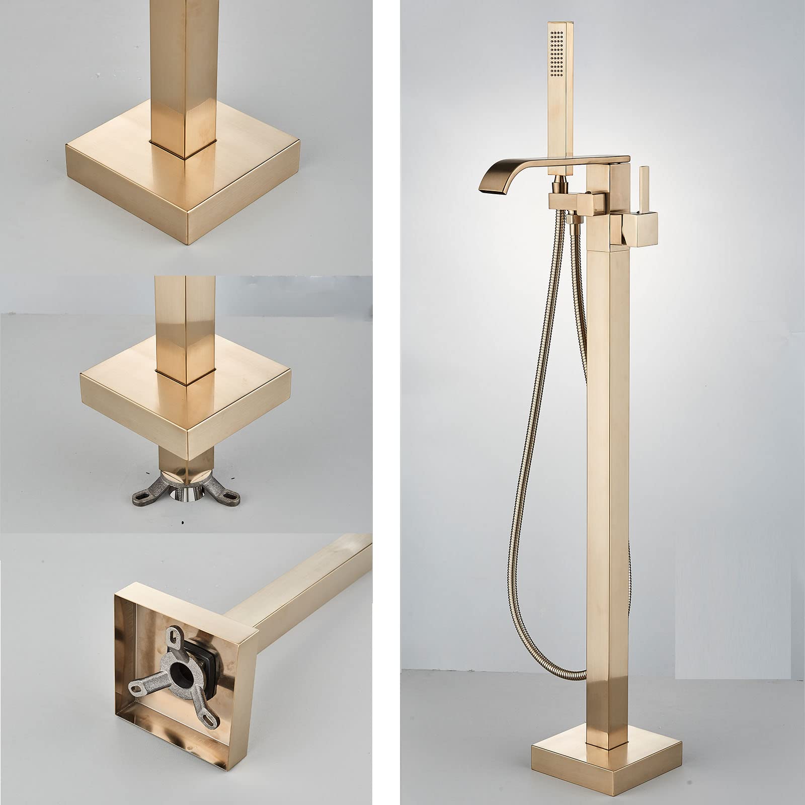 Freestanding Bathtub Faucet - Brushed Gold Floor Mount Waterfall Tub Filler with Hand Shower | High Flow Solid Brass 360° Swivel Standing Mixer Tap for Modern Bathroom | Perfect for Spa-Like Relaxation and Luxury Bathing Experience