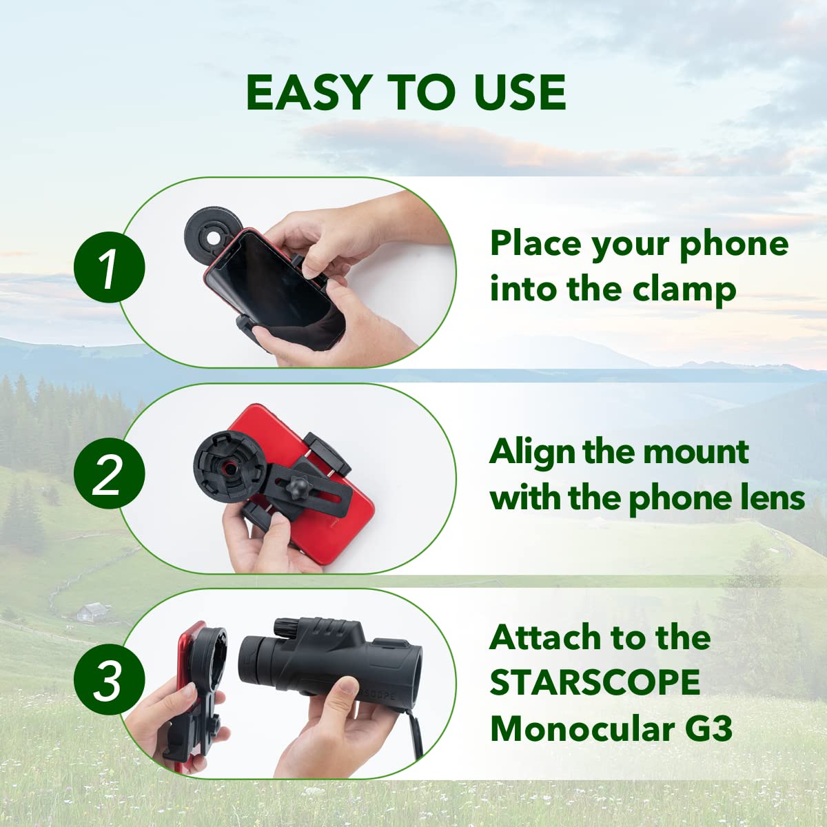 STARSCOPE Universal Phone Telescope Adapter - Adjustable Smartphone Mount for Binoculars, Spotting Scopes & Monoculars | Fits Most Phones Up to 110mm | Easy Setup for Bird Watching, Stargazing & Outdoor Adventures