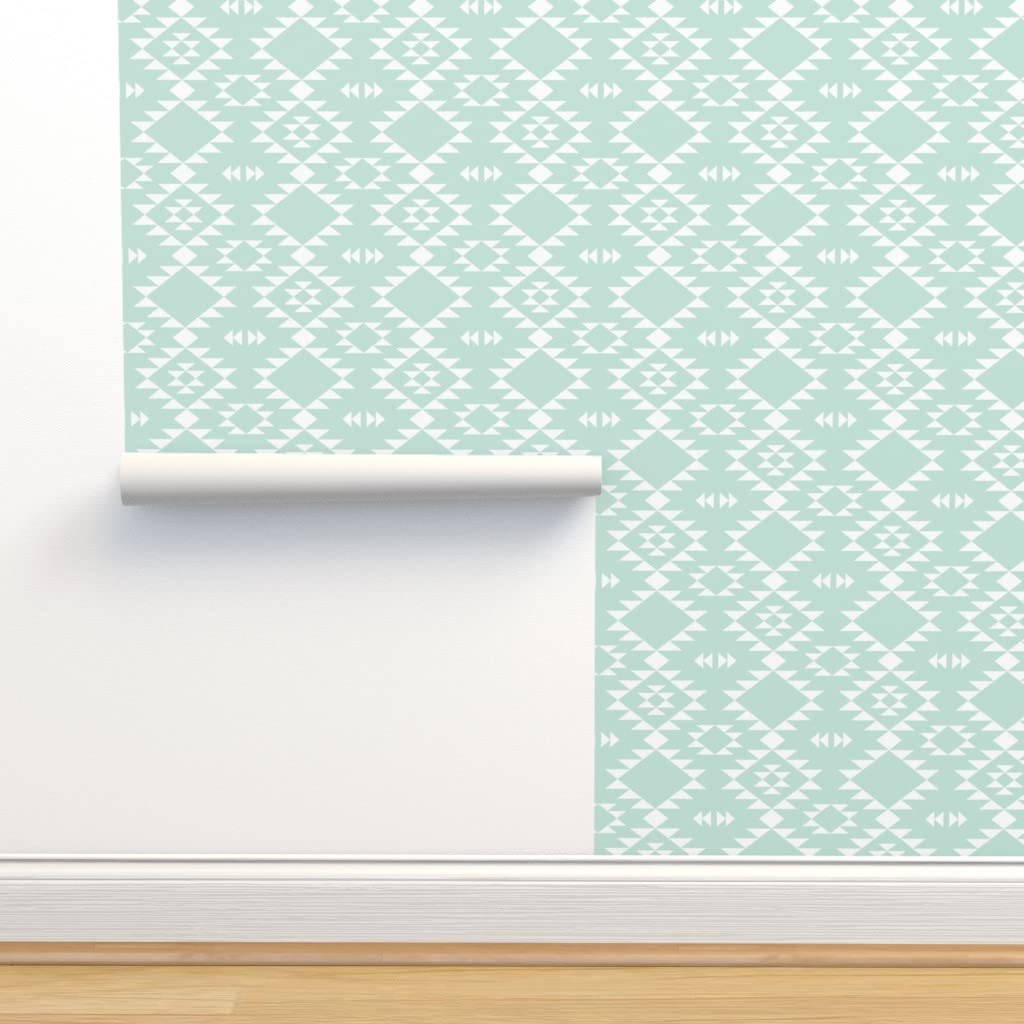 Removable Wallpaper Swatch - Mint White Boho Triangles Geometric Pattern | American Kilim Southwestern Style | Pre-Pasted Peel & Stick Wallpaper by Spoonflower | Perfect for Nursery, Bedroom, or Home Office Decor