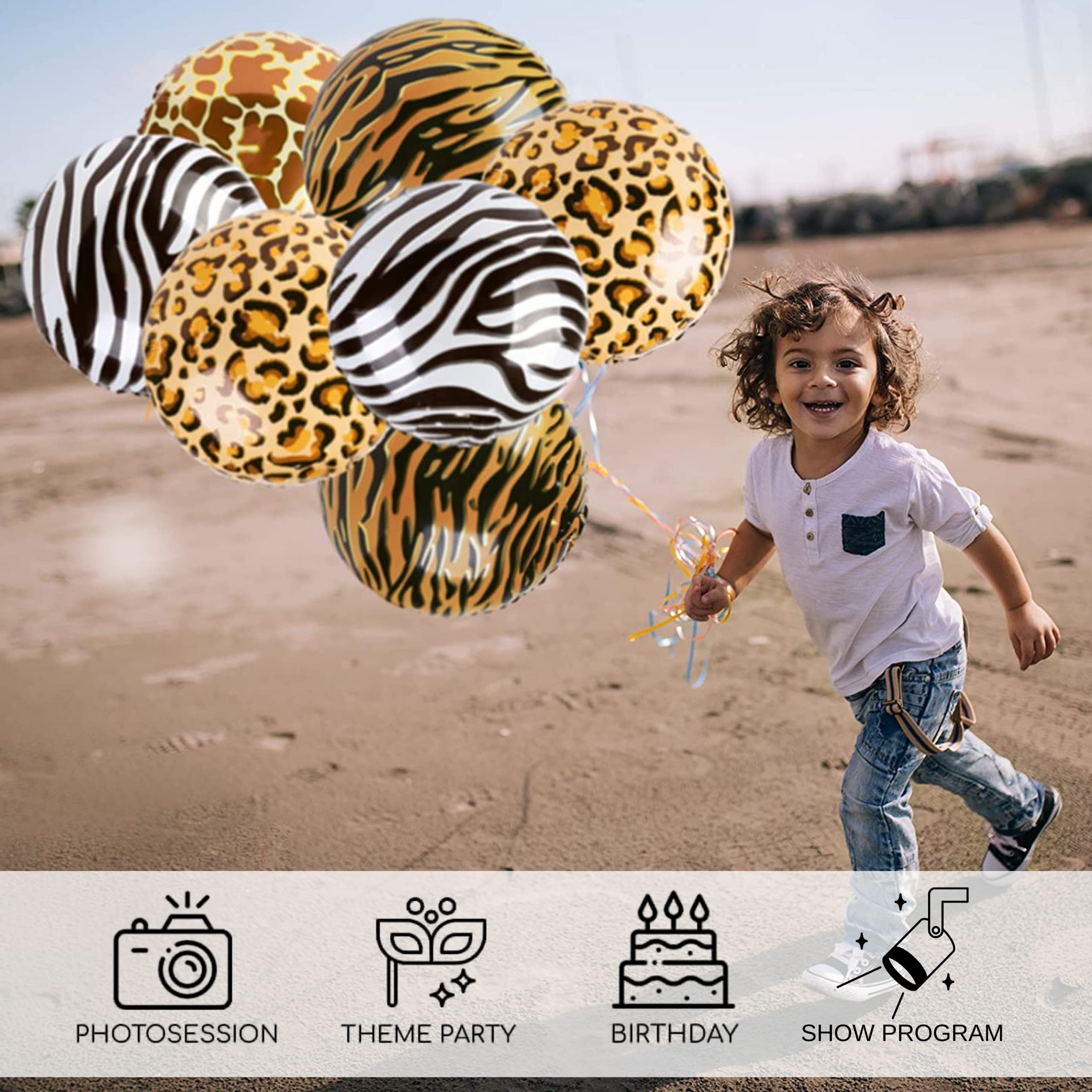 8PCS Safari Animal Print Balloons – 18 Inch Round Foil Mylar Balloons (Giraffe, Tiger, Zebra, Leopard) for Jungle Theme Birthday Party Decorations – Perfect for Baby Showers, Zoo Parties & Safari Adventures