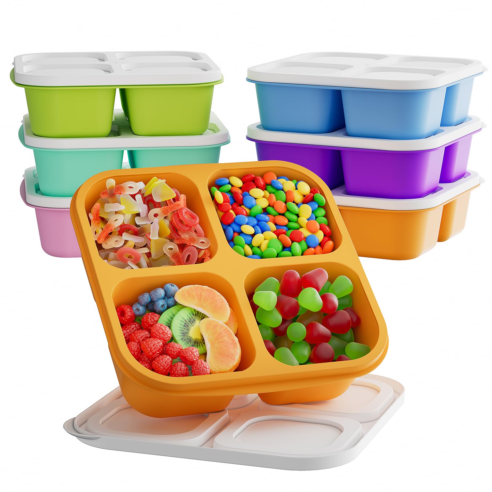 6-Piece Bento Box Set - Reusable 4-Compartment Food Storage Containers with Lids | Divided Lunch Containers for Kids & Adults | Freezer, Microwave & Dishwasher Safe (6 Colors) | Perfect for Meal Prep, School Lunches, Office Snacks & Picnics