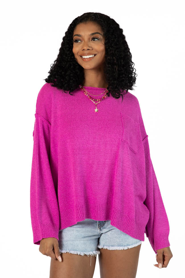 Tell Me Everything Magenta Oversized Pocketed Lightweight Sweater for Women | Cozy Fall & Winter Pullover | Perfect for Casual Outings & Layering