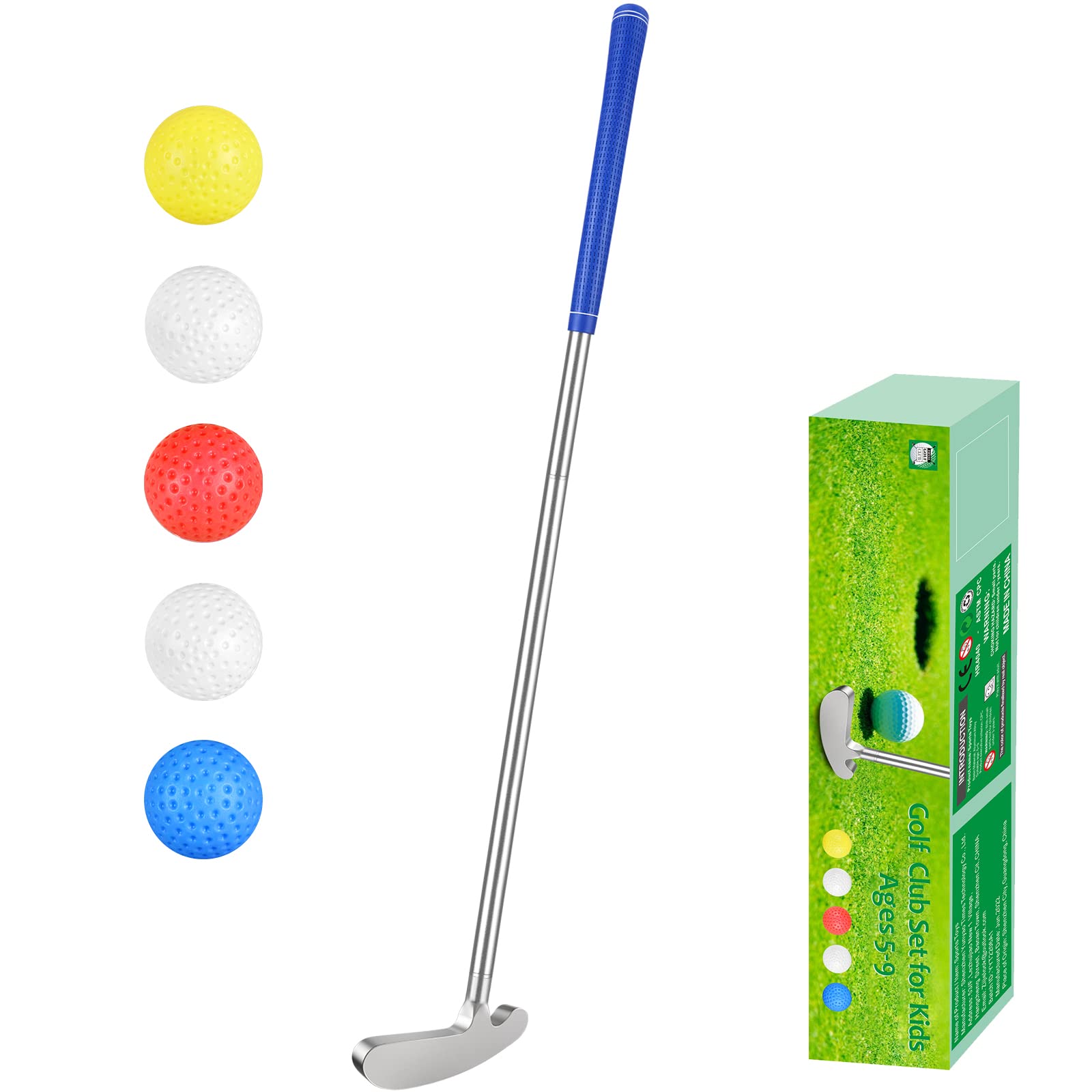 **Kids Golf Clubs Set - 6063 Aluminum Alloy Right/Left Handed Putter with 5 Plastic Golf Balls for Boys & Girls Ages 5-9 - Indoor & Outdoor Mini Golf Gift for Birthday, Backyard, School PE Class (Silver)**