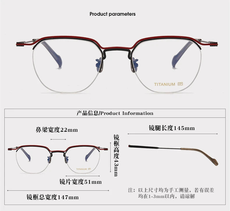 Stylish Unisex Black Semi-Rimless Square Titanium Acetate Eyeglasses B0036 - Perfect for Work, Reading & Fashion Accessories