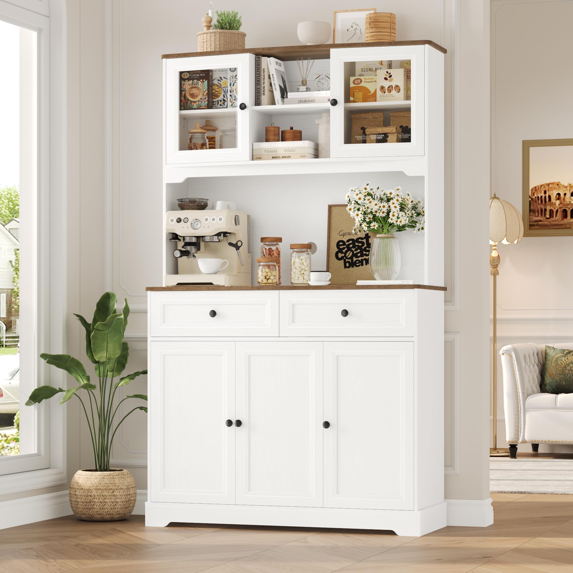 White Tall Kitchen Pantry Storage Cabinet with Adjustable Shelves - Microwave Stand & Countertop Hutch for Food Storage - Perfect for Small Kitchens, Apartments & Pantry Organization