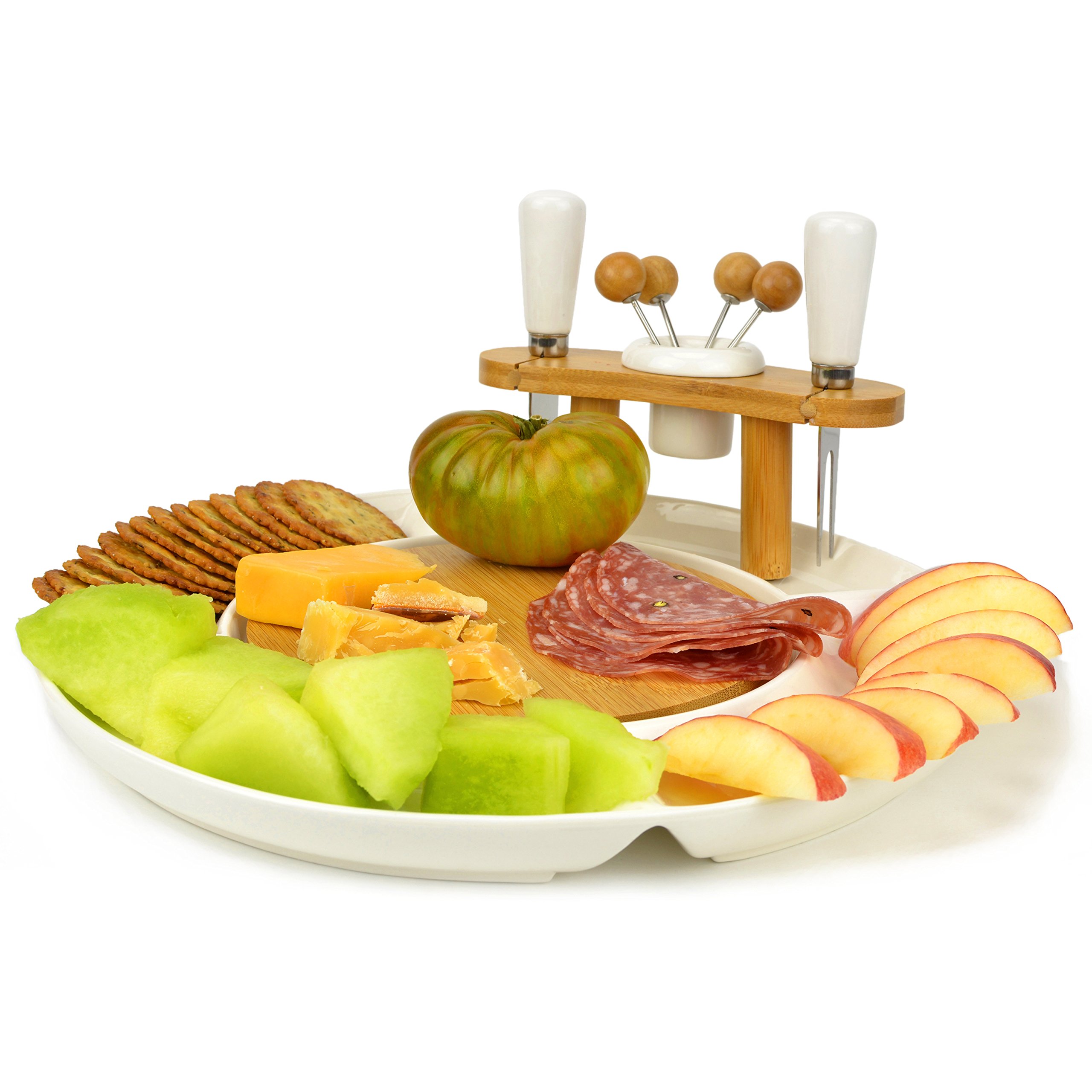 Premium White Ceramic & Bamboo Wood Serving Platter Set - Cheese Board with Knife, Fork & 4 Hors d'oeuvre Picks - Perfect for Charcuterie, Wine Parties & Entertaining Guests