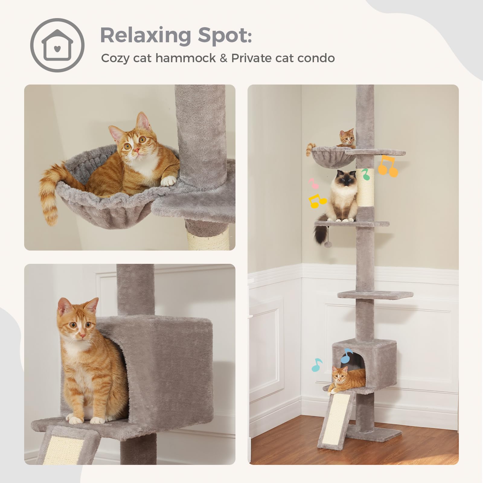 PAWZ Adjustable Floor-to-Ceiling Cat Tree Tower (82.7-107.8 Inches) - Tall Cat Climbing Structure with Scratching Post, Ladder, Hammock & Condo for Indoor Cats - Perfect for Small Spaces & Multi-Cat Homes (Grey)