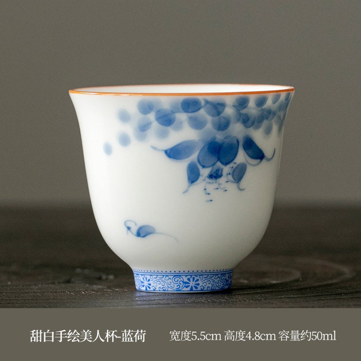 Hand-Painted White Porcelain Tasting Cups - 50ml Flower Fairy Design, Dehua Ceramic Tea Cups for Tea Ceremony, Gift & Home Decor