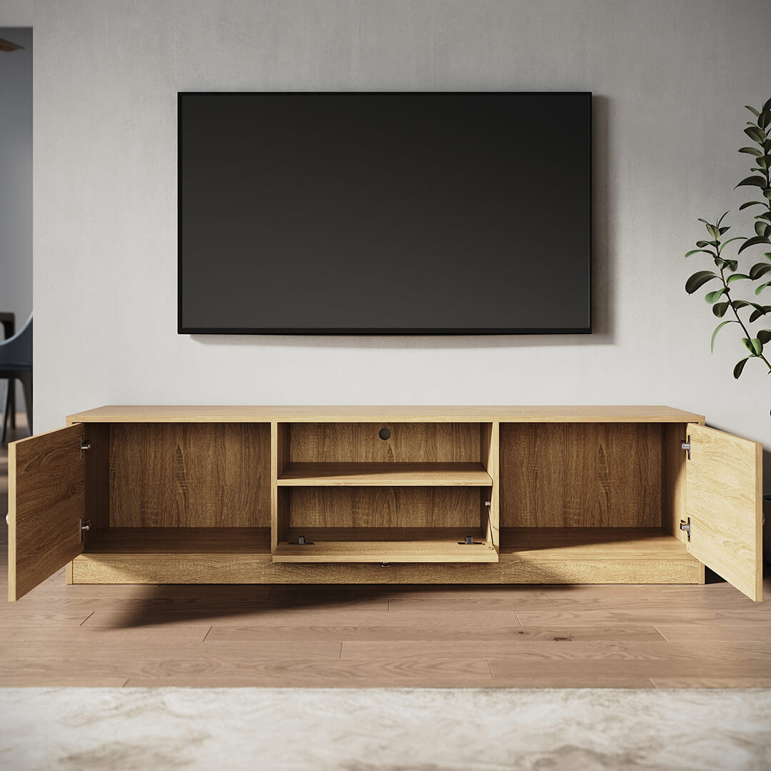 1600mm Natural Wood TV Stand with 1 Open Shelf & 3 Closed Cabinets - Modern Entertainment Center for Living Room, Bedroom, and Home Theater