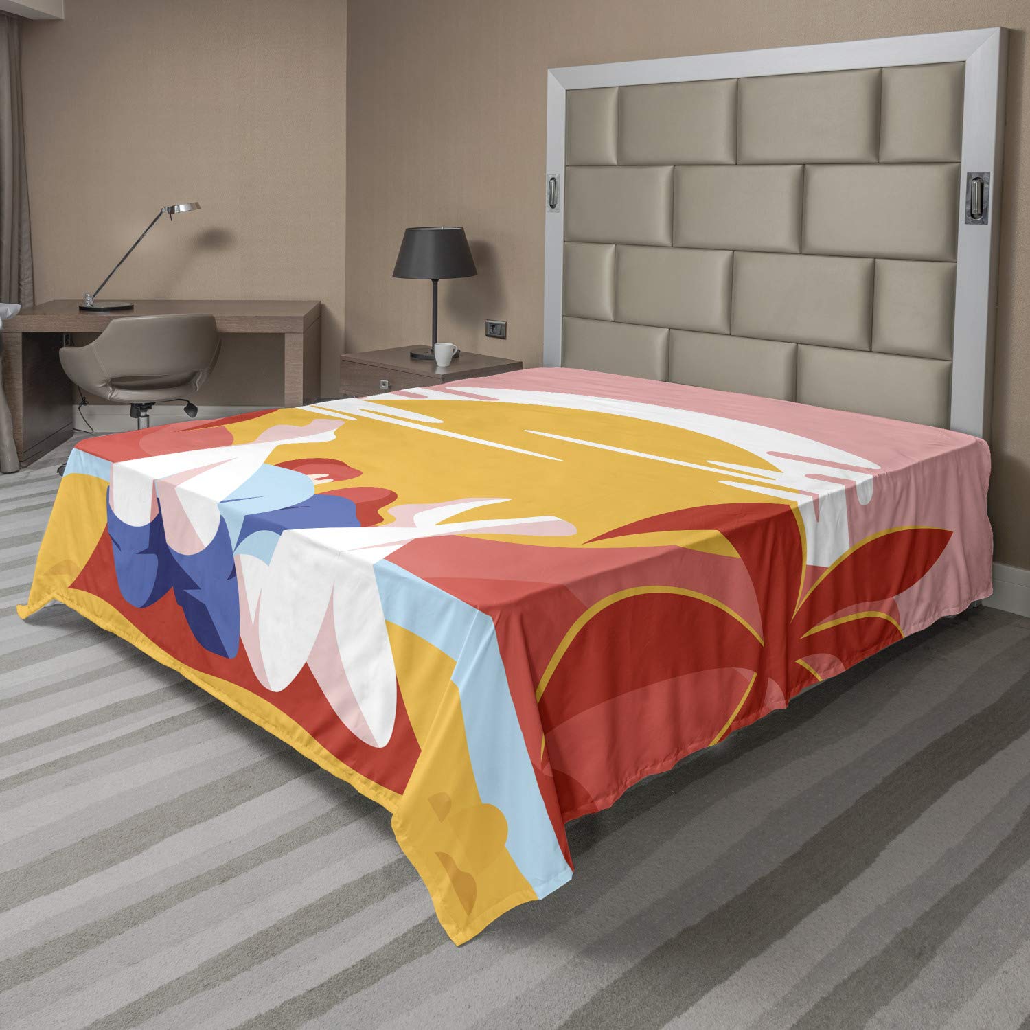 Ambesonne Full Size Beach Flat Sheet - Colorful Summer Romance Cartoon Design with Young Couple, Palm Trees & Ocean - Soft & Comfortable Decorative Top Bedding for Summer, Vacation & Coastal Themed Bedrooms