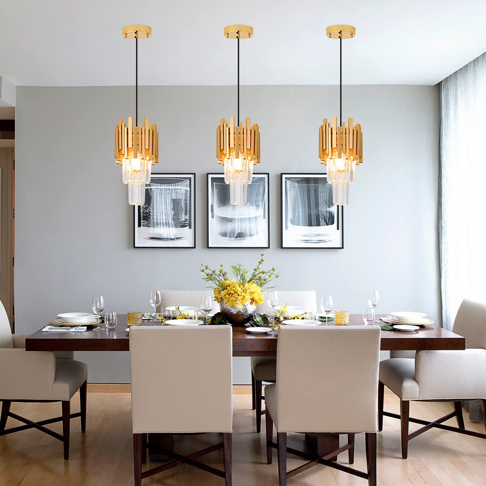 Luxury Gold Crystal Pendant Light - Modern Mini Chandelier for Dining Room, Bedroom, Kitchen & Living Room - Elegant Ceiling Lighting Fixture Set of 3 - Perfect for Home Decor, Wedding & Restaurant Ambiance