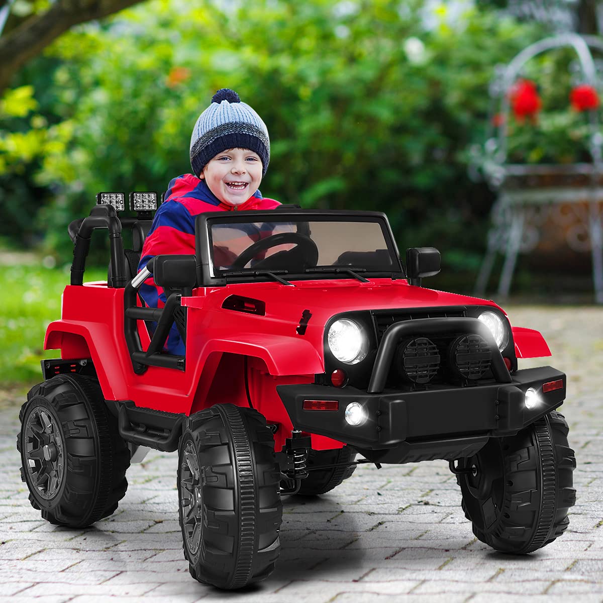 Costzon 12V Battery Powered Electric Ride On Truck for Kids - Parental Remote Control, LED Lights, MP3 Player, Safety Belt & Spring Suspension - Red Kids Electric Car for Indoor & Outdoor Play, Birthday Gifts