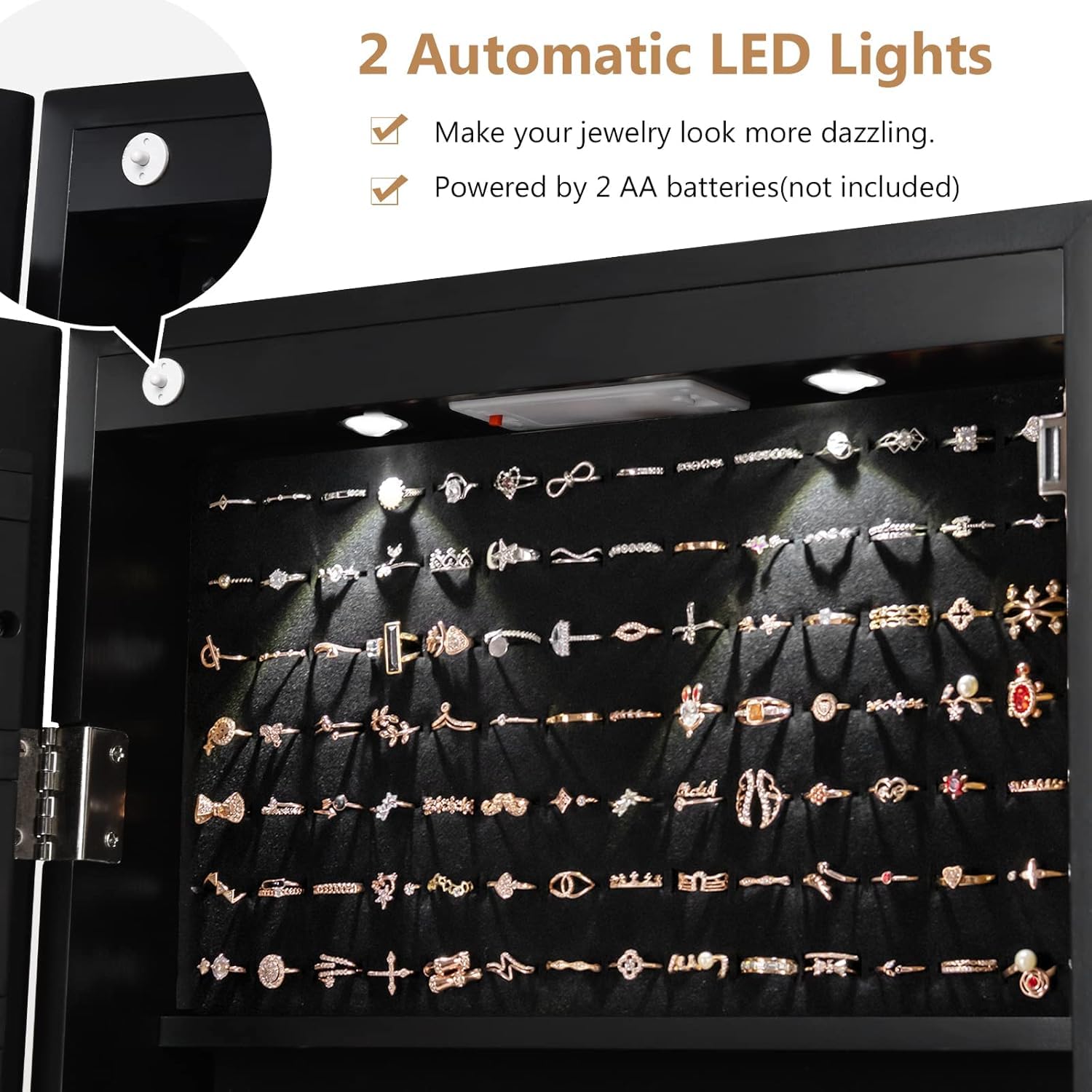 Black Jewelry Armoire with LED Lights & Drawers - Bedroom Storage Organizer for Necklaces & Rings
