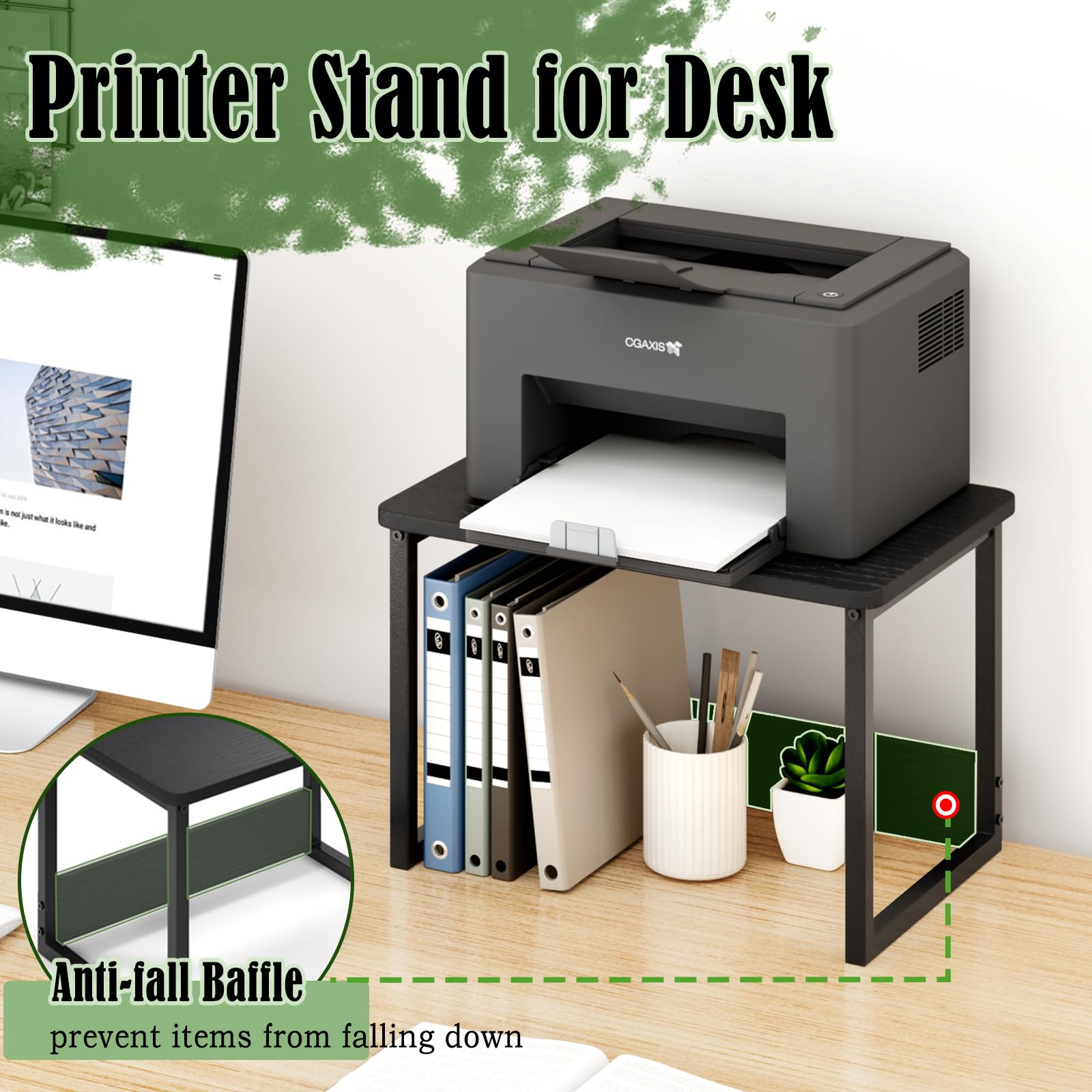 Heavy Duty Printer Stand with Storage for Desk - Black Desktop Printer Shelf Organizer for Home & Office, Under Desk Printer Riser for Fax Machine, Copier, Scanner - Perfect Workspace Organization Solution
