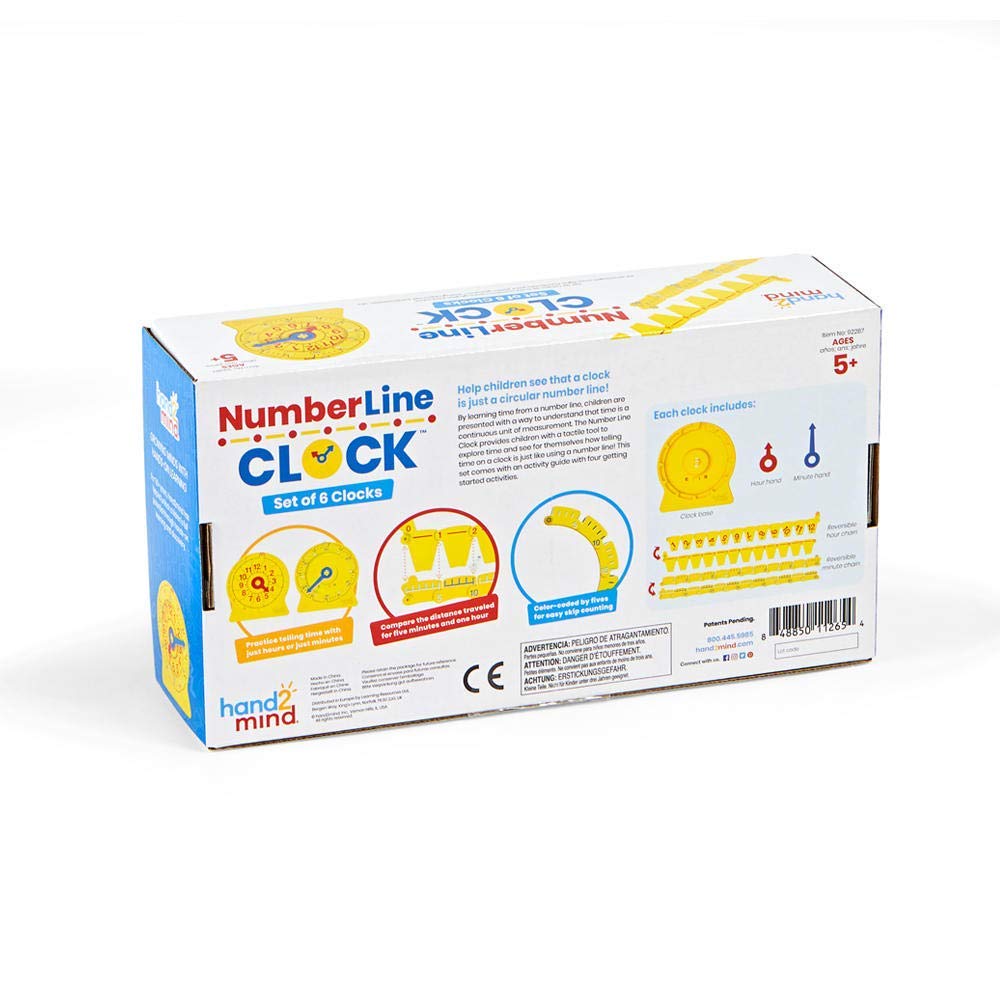 hand2mind NumberLine Clock - Learn to Tell Time Teaching Clock for Kids, Analog Classroom Clock Set of 6 | Math Manipulatives for Elementary Students | Perfect for Homeschool & Classroom Time Telling Practice
