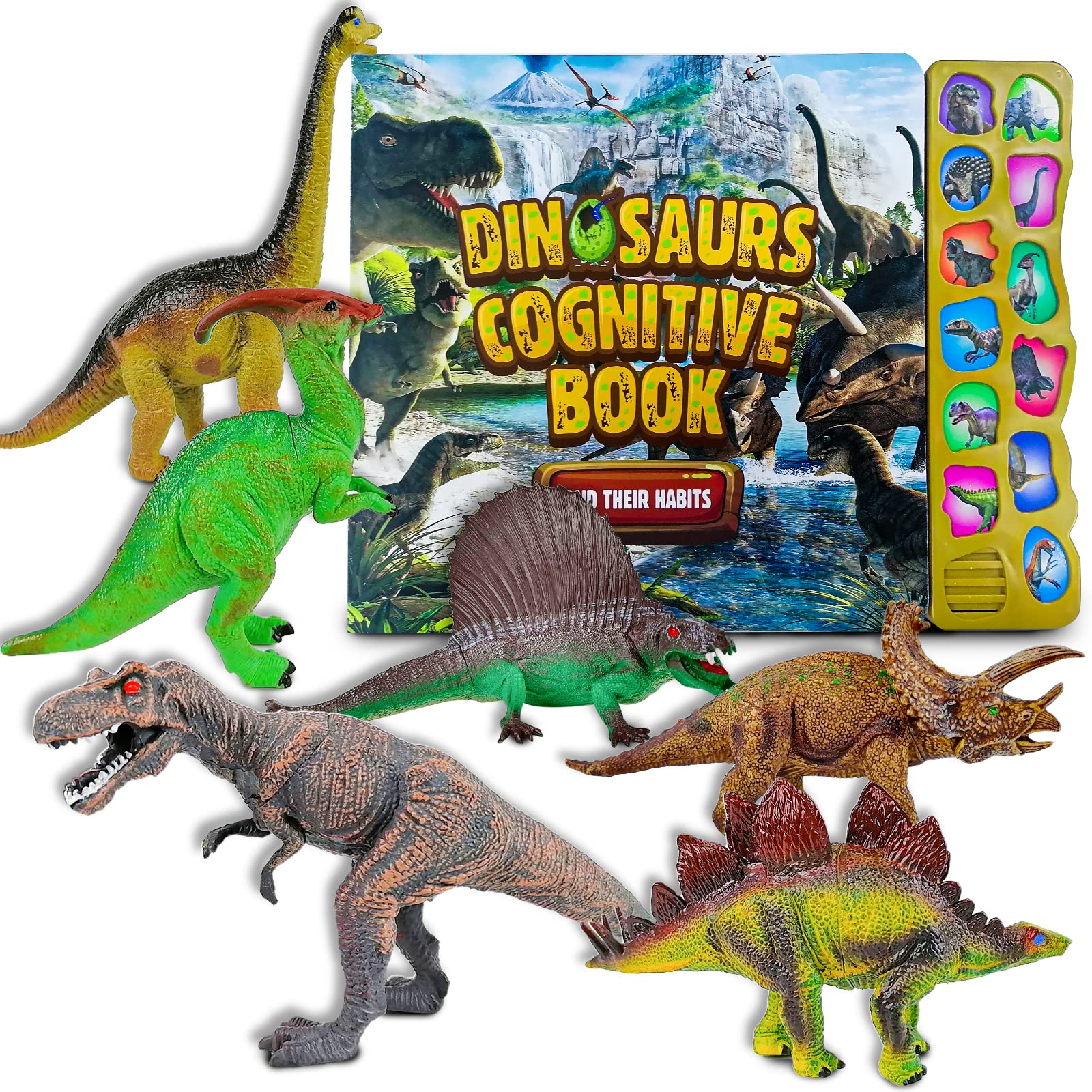 BLUELF Dinosaur Toys for Kids - 12 Realistic Dinosaur Figures with Interactive Sound Book | Educational STEM Toys for Boys & Girls Ages 3-5 | Includes T-Rex, Velociraptor, Triceratops | Perfect for Birthday Gifts, Classroom Learning & Pretend Play