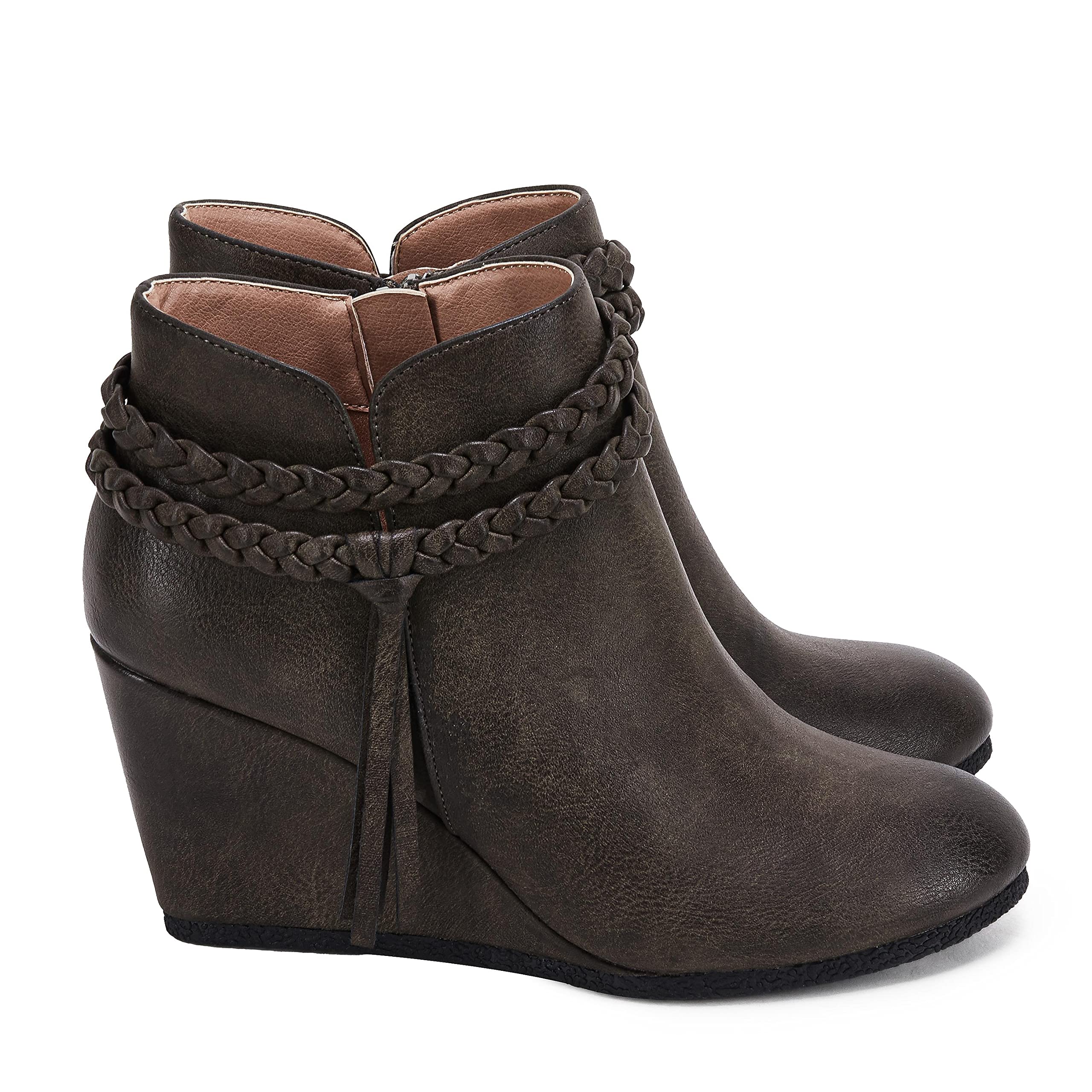 Women's Western Ankle Boots with Braided Fringe Strap - Comfortable Wedge Heel Dress Booties for Fall | Perfect for Country Outfits, Date Nights & Office Wear