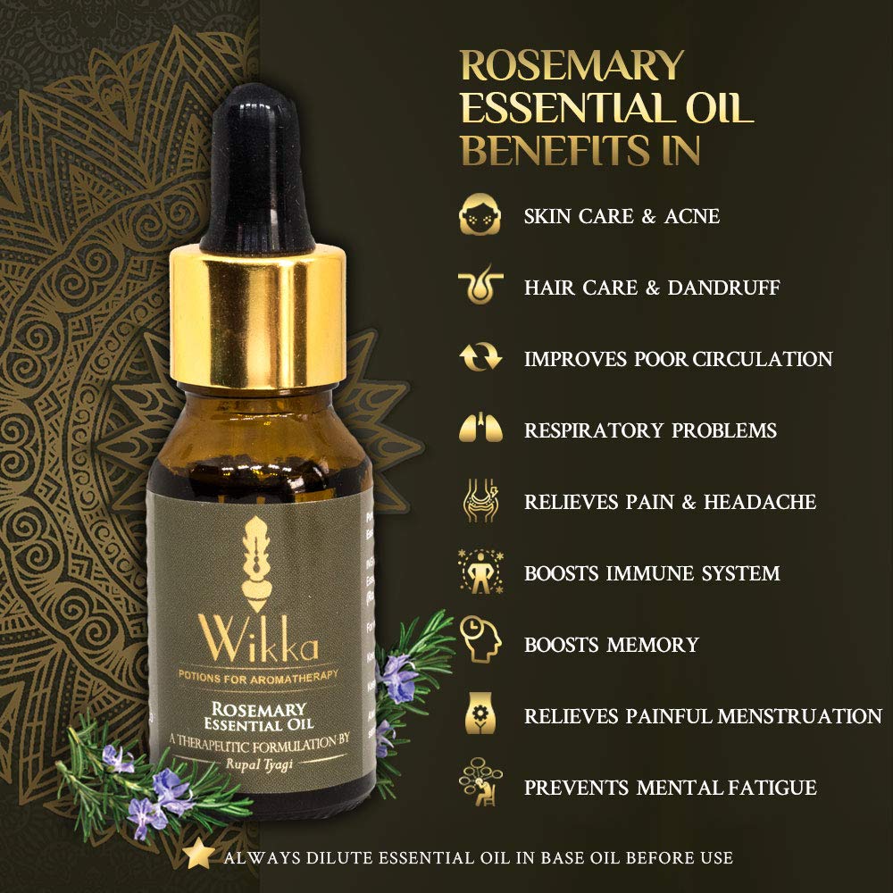 Wikka 100% Pure Therapeutic Grade Rosemary Essential Oil (Rosmarinus Officinalis) 15ml - Promotes Hair Growth, Fights Dandruff & Improves Acne Skin - Perfect for Aromatherapy, Massage & DIY Beauty Products