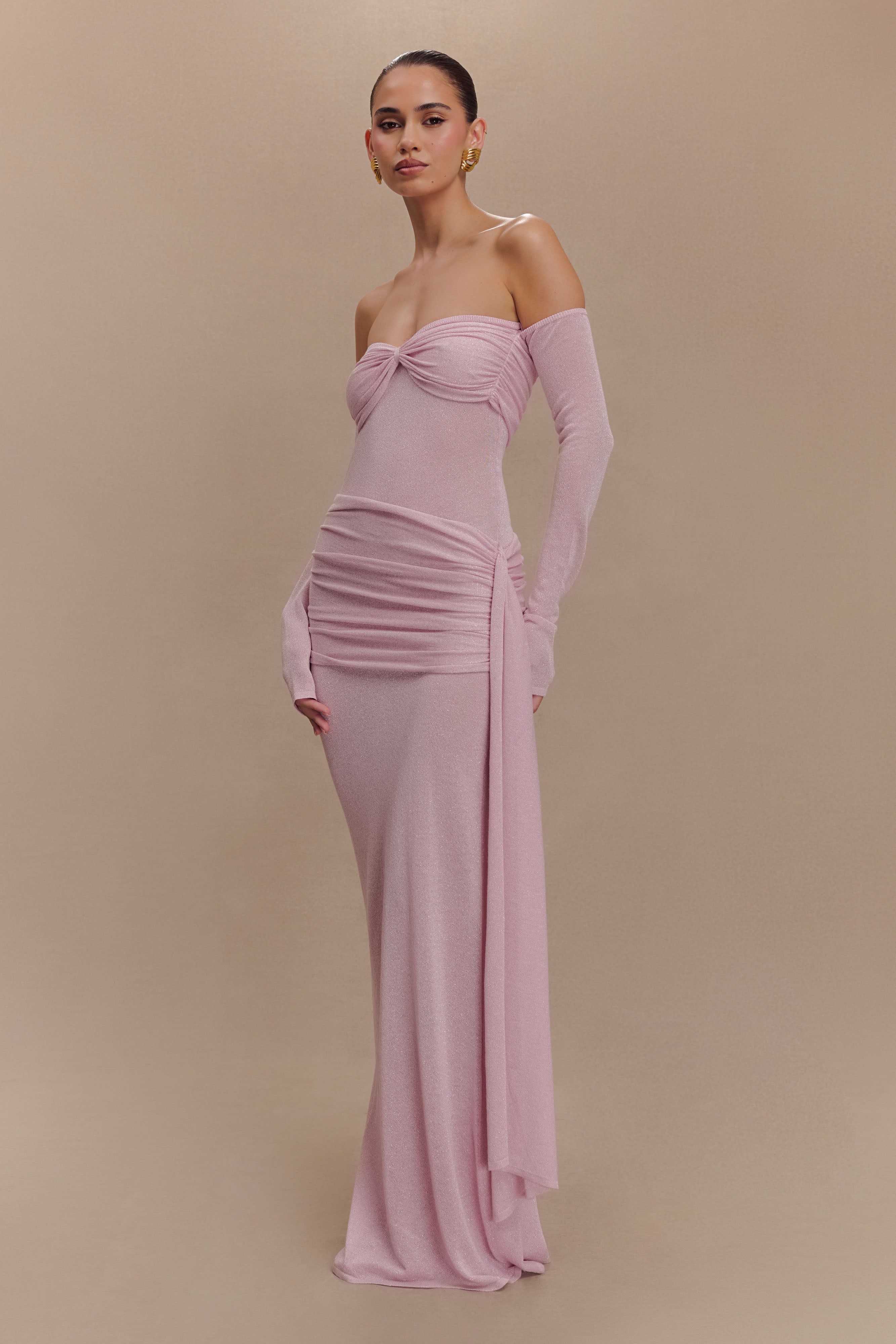 Ingrid Metallic Knit Maxi Dress for Women - Elegant Baby Pink Long Sleeve Evening Gown for Parties, Weddings & Special Occasions