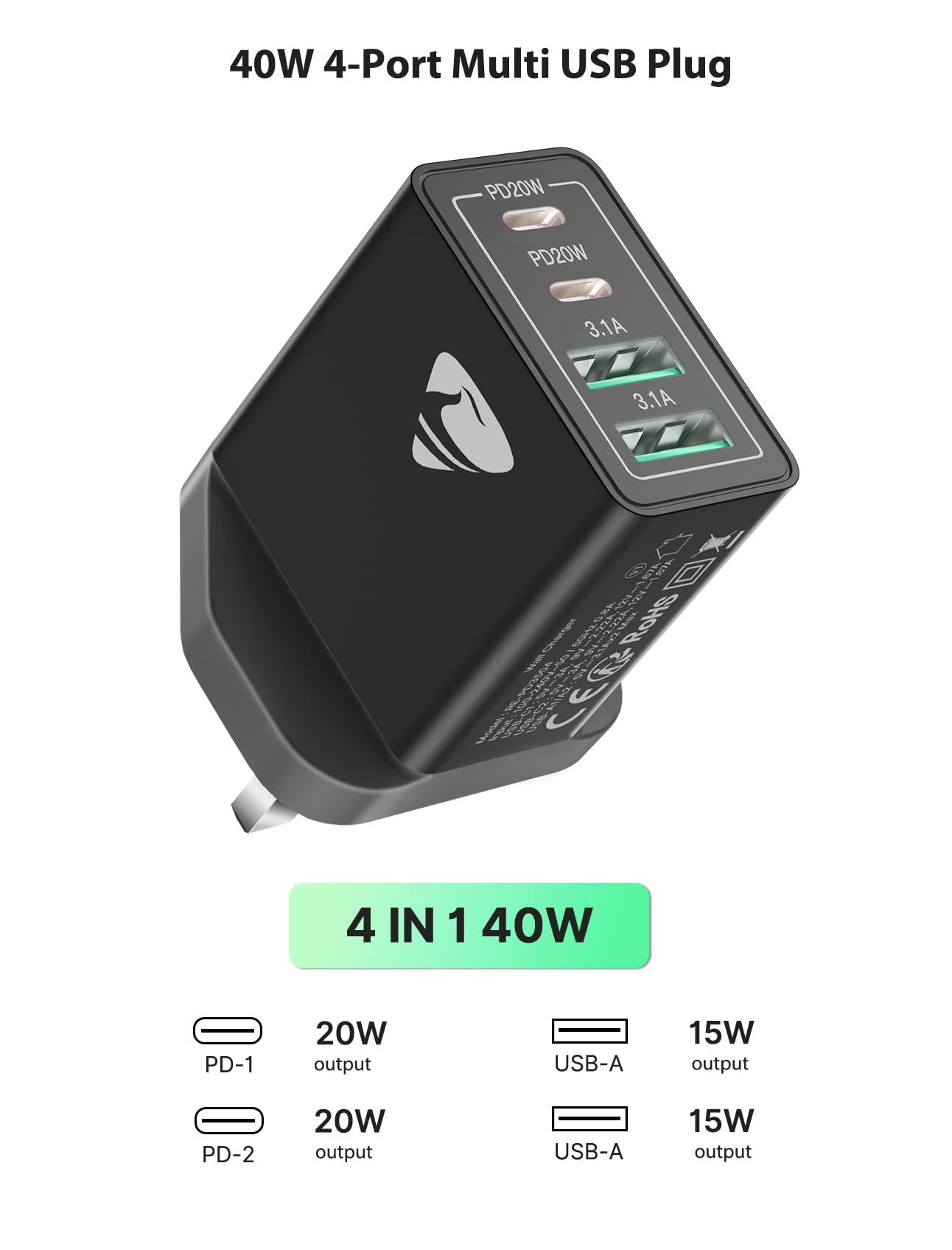 Aioneus 40W 4-Port USB C Fast Charger UK Plug with PD & QC - Multi-Port Wall Charger for iPhone 14/13/12/11/X/8/7/SE, iPad, Samsung Galaxy - Perfect for Travel, Home & Office Charging