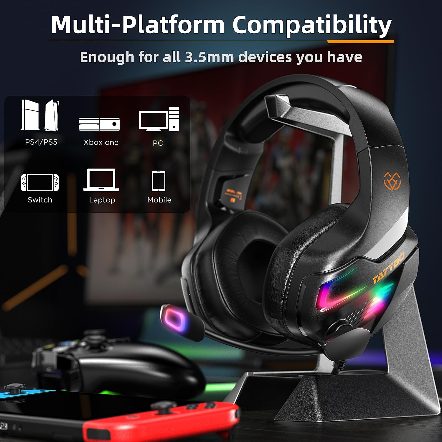Tatybo Gaming Headset for PS4, PS5, Xbox One - Noise Cancelling Microphone, Stereo Bass, Deep LED RGB Lights (Black) - Perfect for Online Gaming, Streaming & Virtual Meetings
