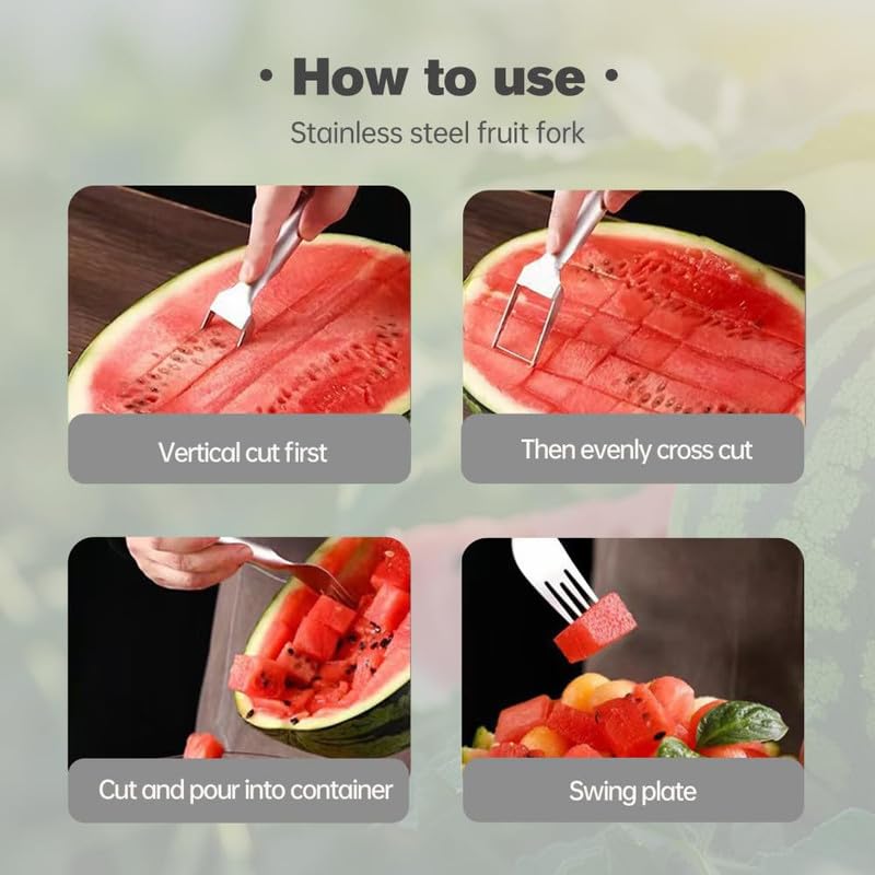 2-in-1 Stainless Steel Fruit Cutter & Watermelon Slicer - 2024 Upgraded Dual Head Fruit Fork with Ergonomic Handle for Easy Cutting - Perfect for Home Kitchen, BBQ Parties, Picnics & Camping (2 Pack)