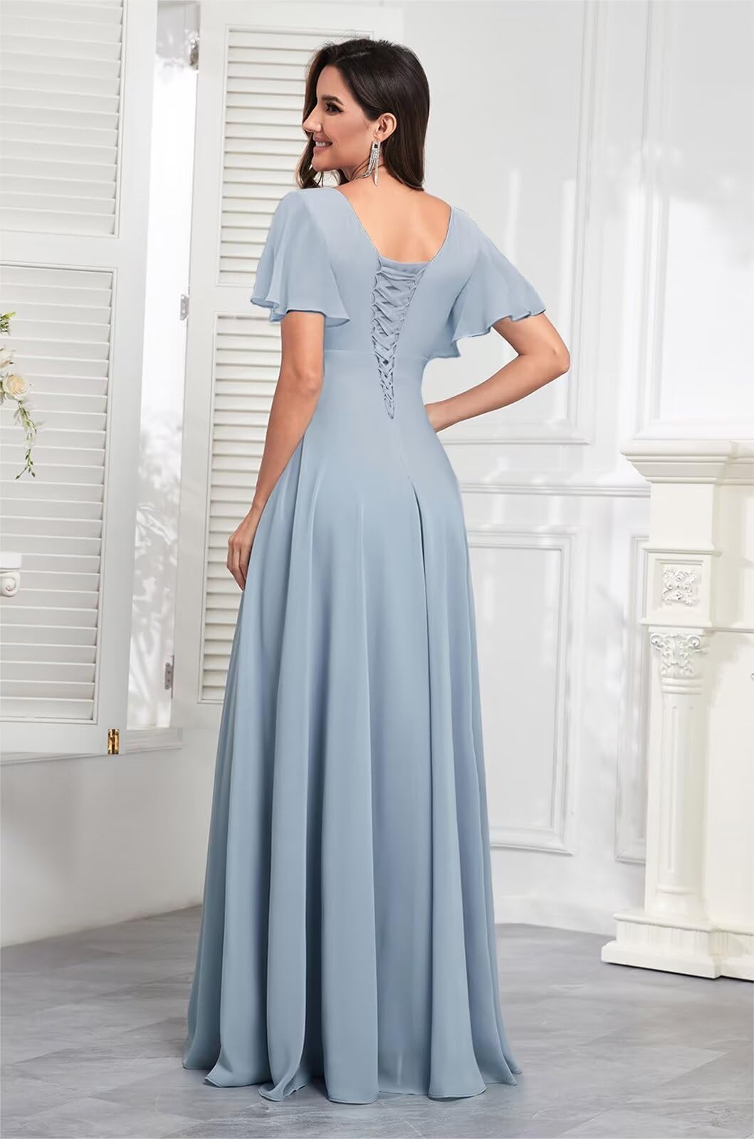 Elegant Ruffle High-Low Bridesmaid Dress with Sleeves - Chiffon V-Neck A-Line Formal Wedding Guest Gown for Women | Perfect for Weddings, Parties & Special Occasions