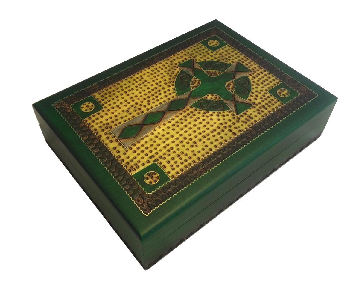Handcrafted Celtic Cross Irish Green Wooden Keepsake Box with Brass Inlay - Perfect for Jewelry Storage, Home Decor & Gift Giving