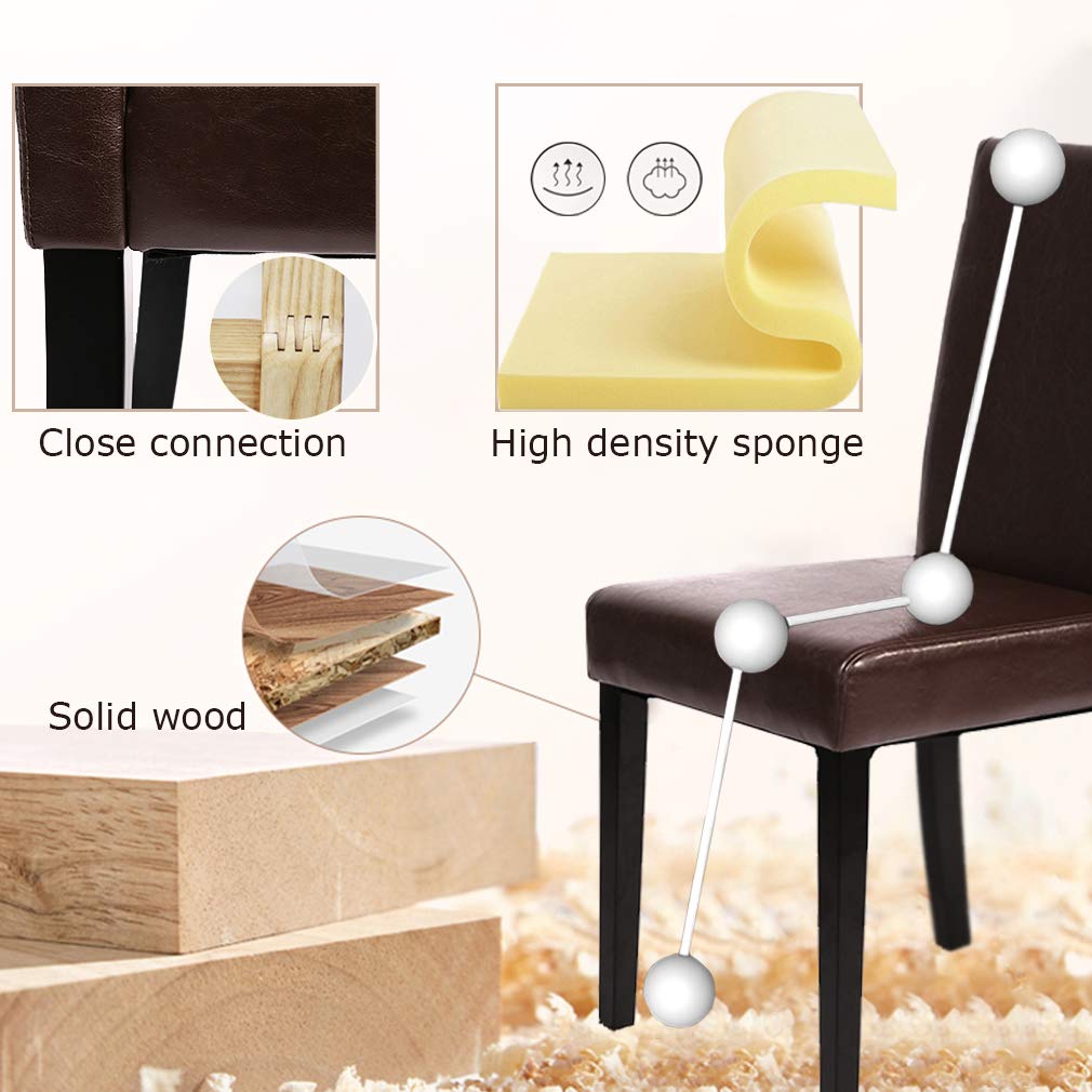 Mid-Century Modern Parsons Dining Chairs Set of 4 - Brown PU Leather Upholstered, Ergonomic Design for Comfort - Perfect for Kitchen, Dining Room & Home Office Furniture