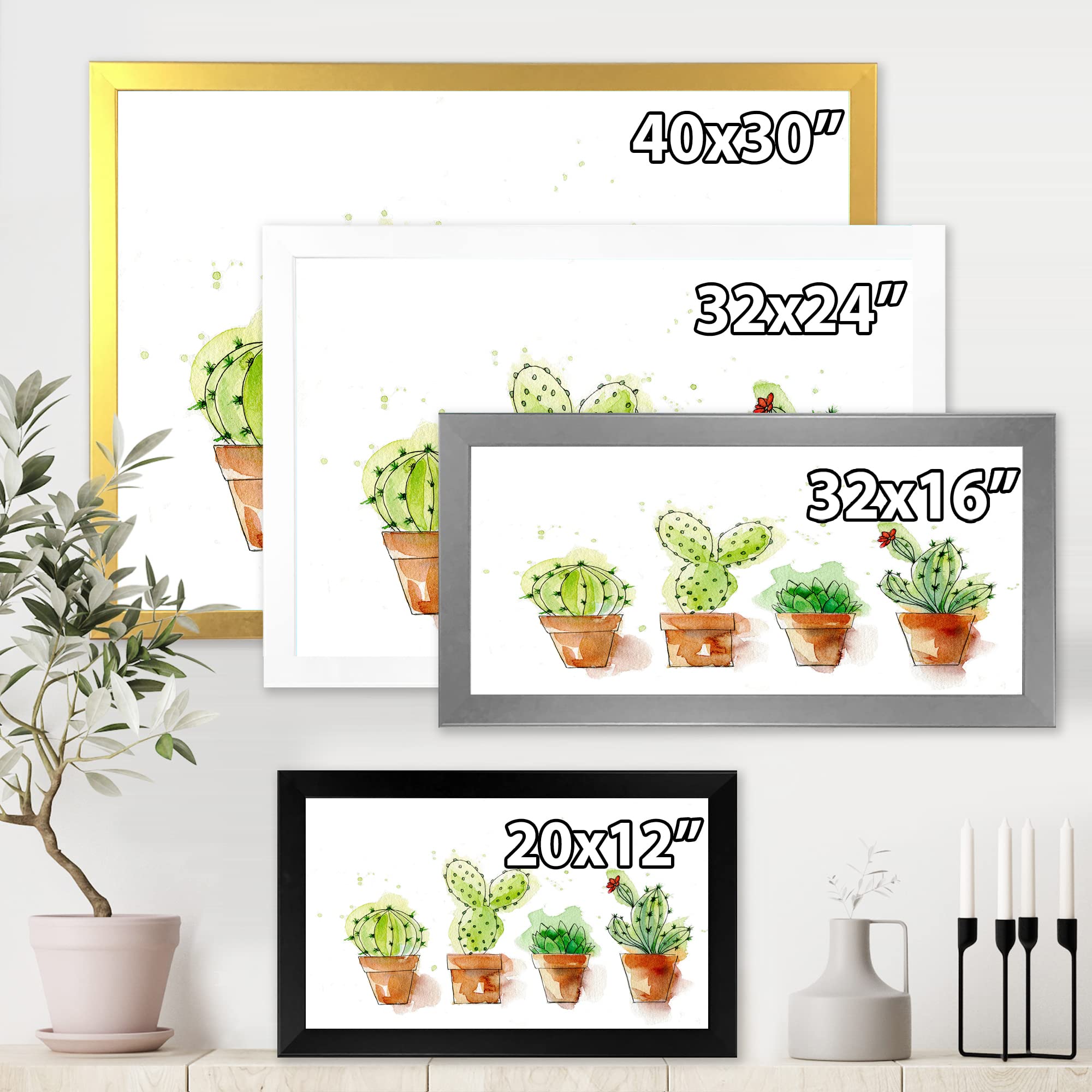 DesignQ Cacti in Ceramic Pots - Minimalist Framed Wall Art Decor for Living Room, Bedroom & Office | Gentle Neutral Tones | Traditional Home Aesthetic