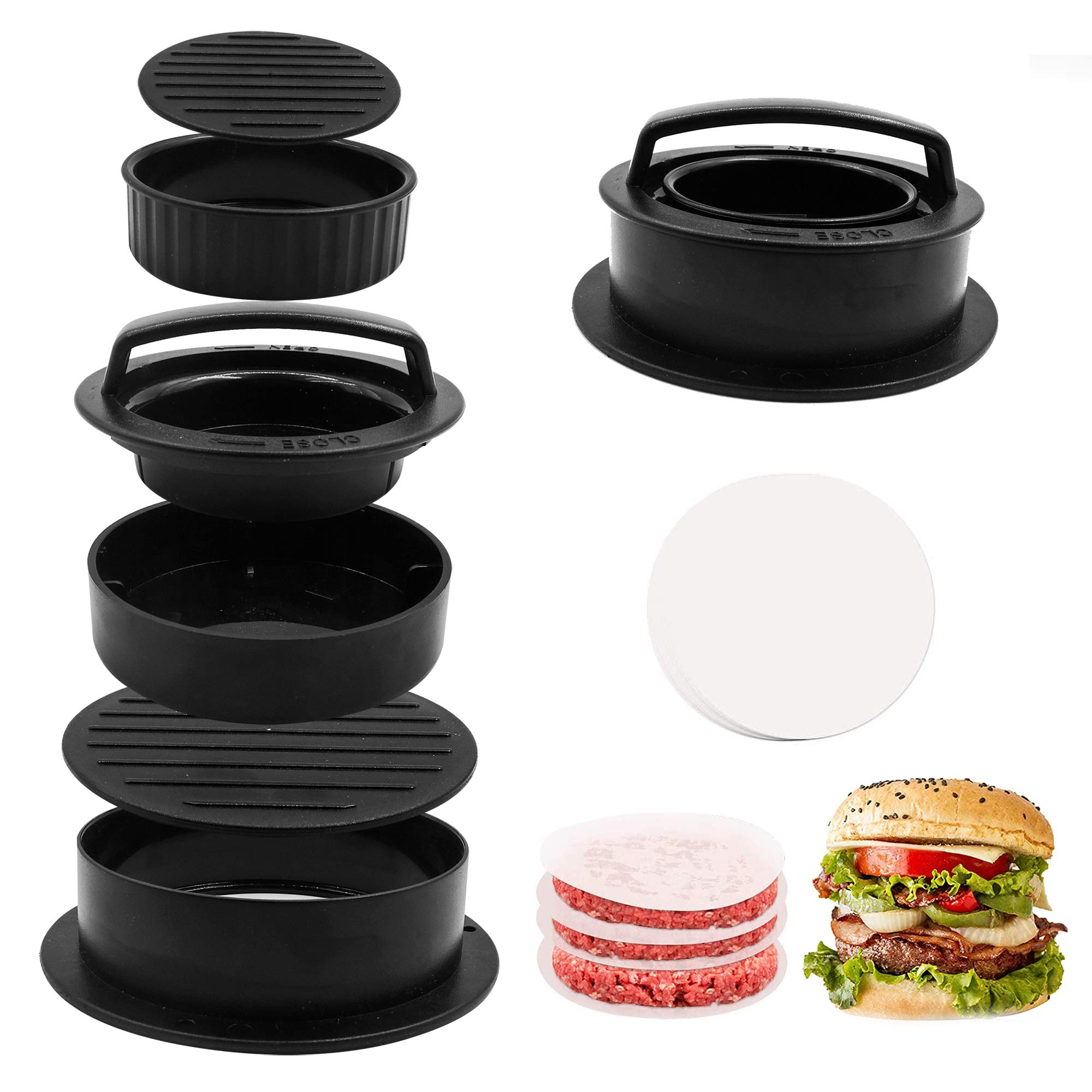 TCAIRG Hamburger Press Patty Maker - Stainless Steel Burger Mold for Stuffed Burgers, Sliders & Beef Patties (3 Sizes) with 100 Wax Papers - Perfect for BBQ, Home Cooking & Restaurant Use