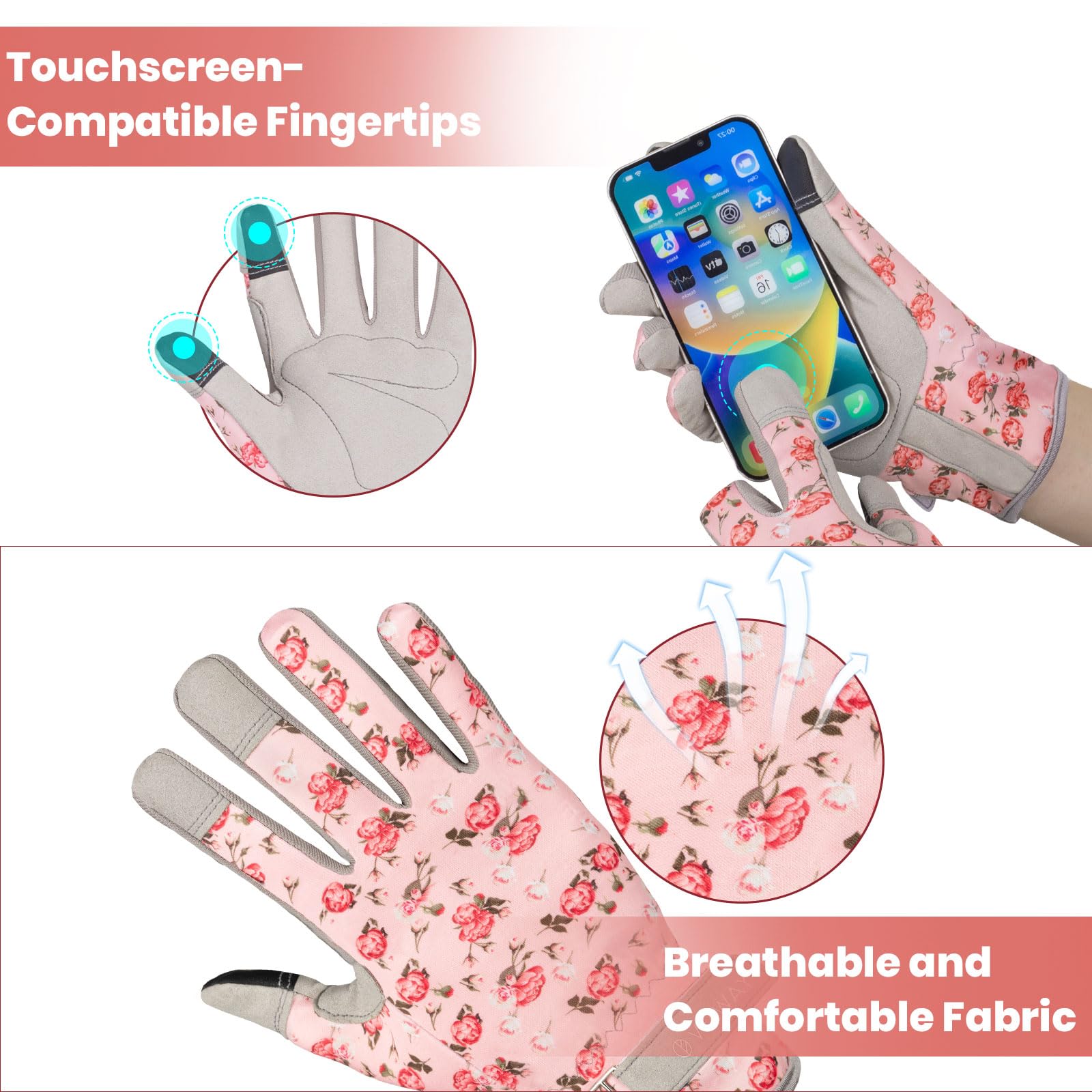 Velway Women's Gardening Gloves - Breathable & Flexible Work Gloves for Weeding, Planting, Pruning - Touchscreen Compatible Protective Gloves (Pink, Medium) - Perfect for Outdoor Gardening, Landscaping & Farm Work
