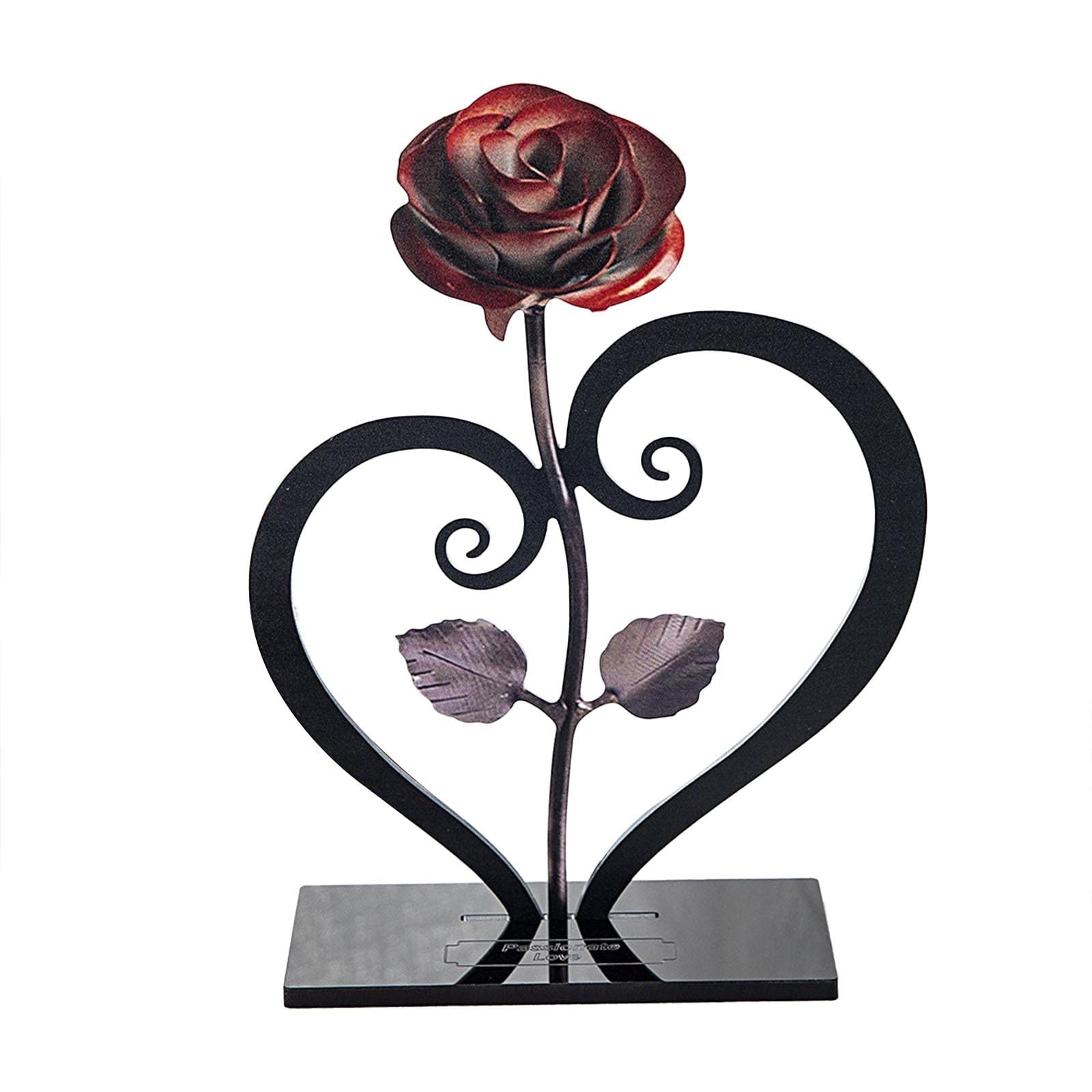 Hand-Forged Wrought Iron Red Metal Rose with Heart-Shaped Stand - Artificial Flower Gift for Valentine's Day, Mother's Day, Anniversary, Birthday & Wedding - Perfect for Home Decor, Romantic Surprises and Special Occasion Gifts