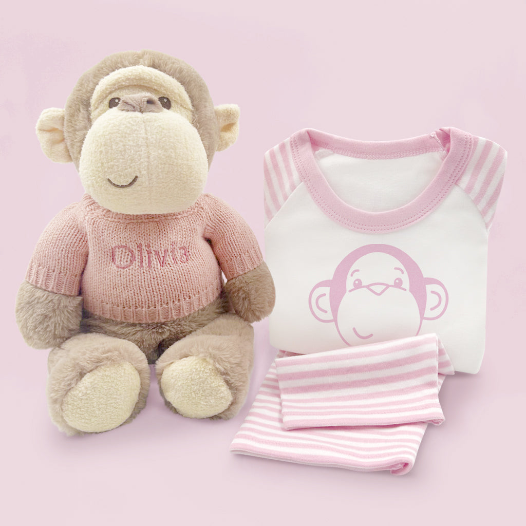 Personalized Morris Monkey Plush Toy with Baby Pajamas - Pink Stuffed Animal for Newborn Gifts, Nursery Decor & Baby Shower Presents