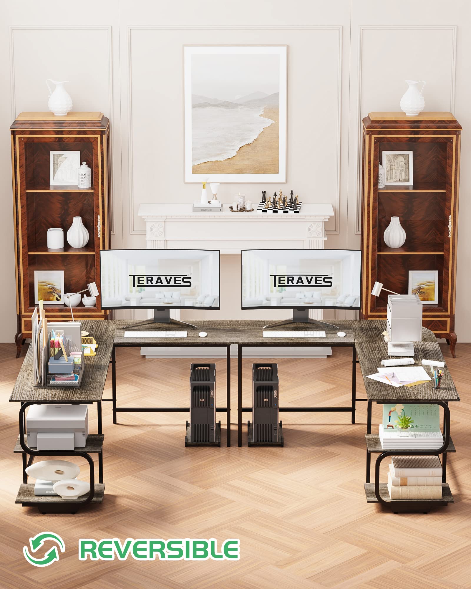 Teraves 69 Inch Reversible L-Shaped Desk with Large Surface & Storage Shelves - Sturdy Corner Computer Desk for Home Office, Gaming & Workstation | Perfect for Small Spaces & Multi-Monitor Setups