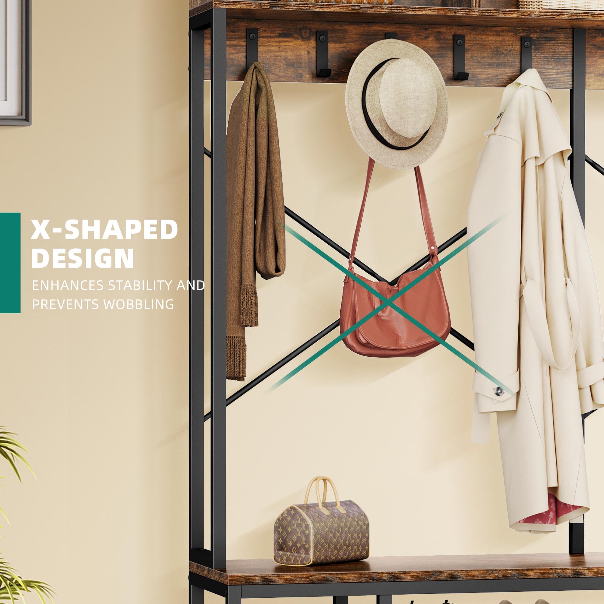 YITAHOME 5-in-1 Industrial Entryway Bench with Coat Rack & Shoe Storage - Freestanding Hall Tree Organizer with 10 Hooks & Shelves - Rustic Brown Wooden Shoe Bench for Hallway, Bedroom, Mudroom - Perfect for Small Spaces & Home Organization