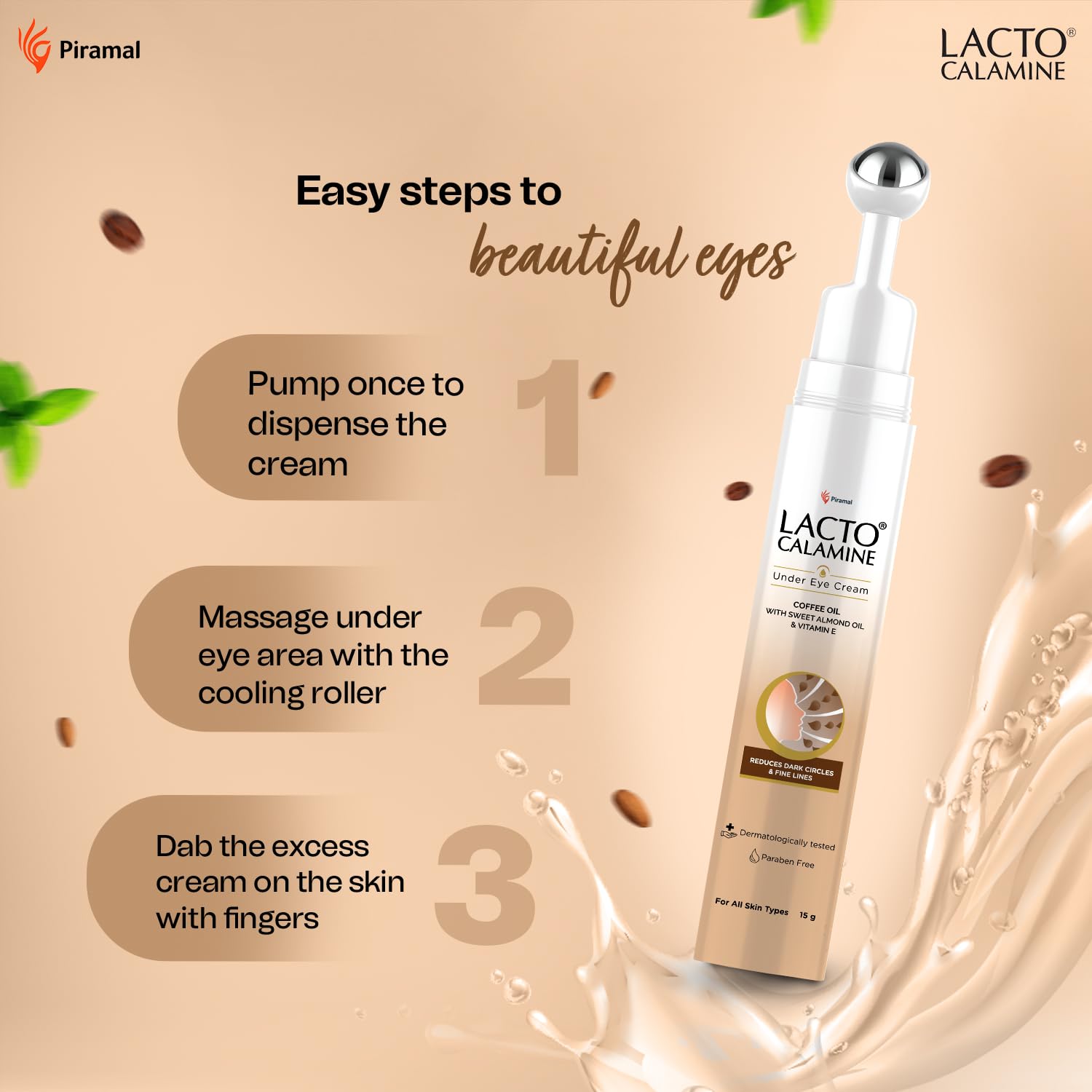 Lacto Calamine Under Eye Cream for Dark Circles – Reduces Puffiness & Fine Lines for Women & Men | Cooling Massage Roller with Coffee Oil, Peptides, Niacinamide & Vitamin E | 15g | Perfect for Morning Routine, Travel & Nighttime Skincare