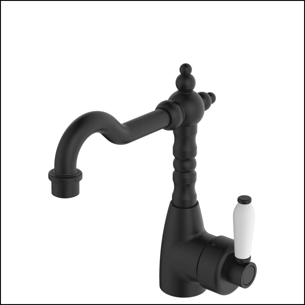 Fienza Eleanor 202103BK Matte Black Shepherds Crook Kitchen Faucet with White Ceramic Handle - Perfect for Modern Farmhouse, Rustic, and Industrial Style Kitchens