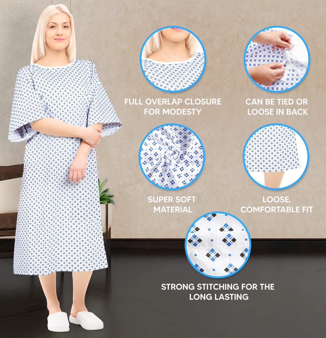 Premium Unisex Patient Gown - Soft Cotton Blend Hospital Gown with Back & Front Tie - Comfortable & Breathable Fabric - Fits Up to 2XL - Reusable & Washable (2-Pack) - Ideal for Hospitals, Clinics, Home Care & Recovery