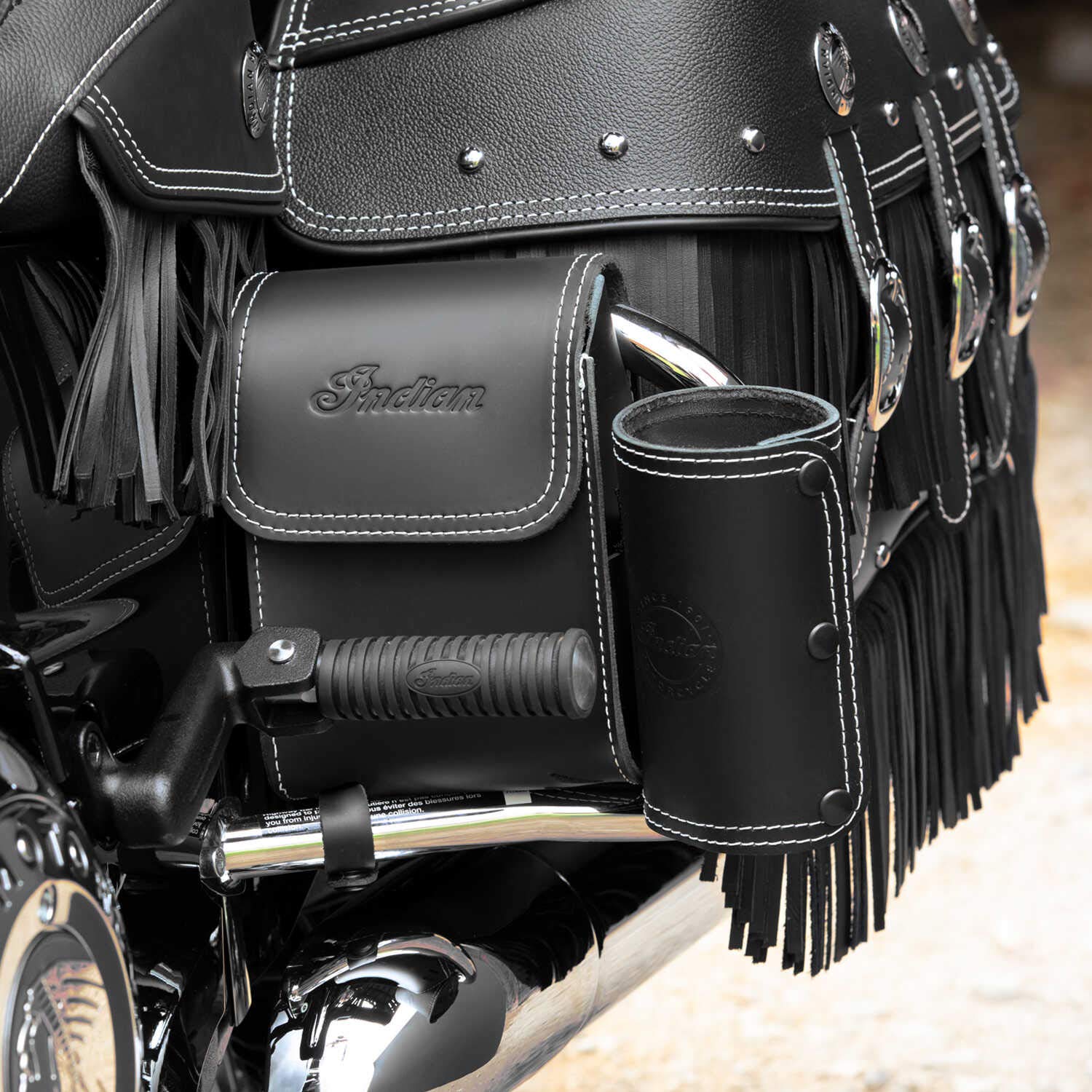 Indian Motorcycle Rear Highway Bar Bag for Bagger & Touring Models - Genuine Black Leather with Water Bottle Holder & Storage Pouch | Fits Gloves, Maps, Phone & Accessories | Perfect for Long-Distance Rides & Road Trips