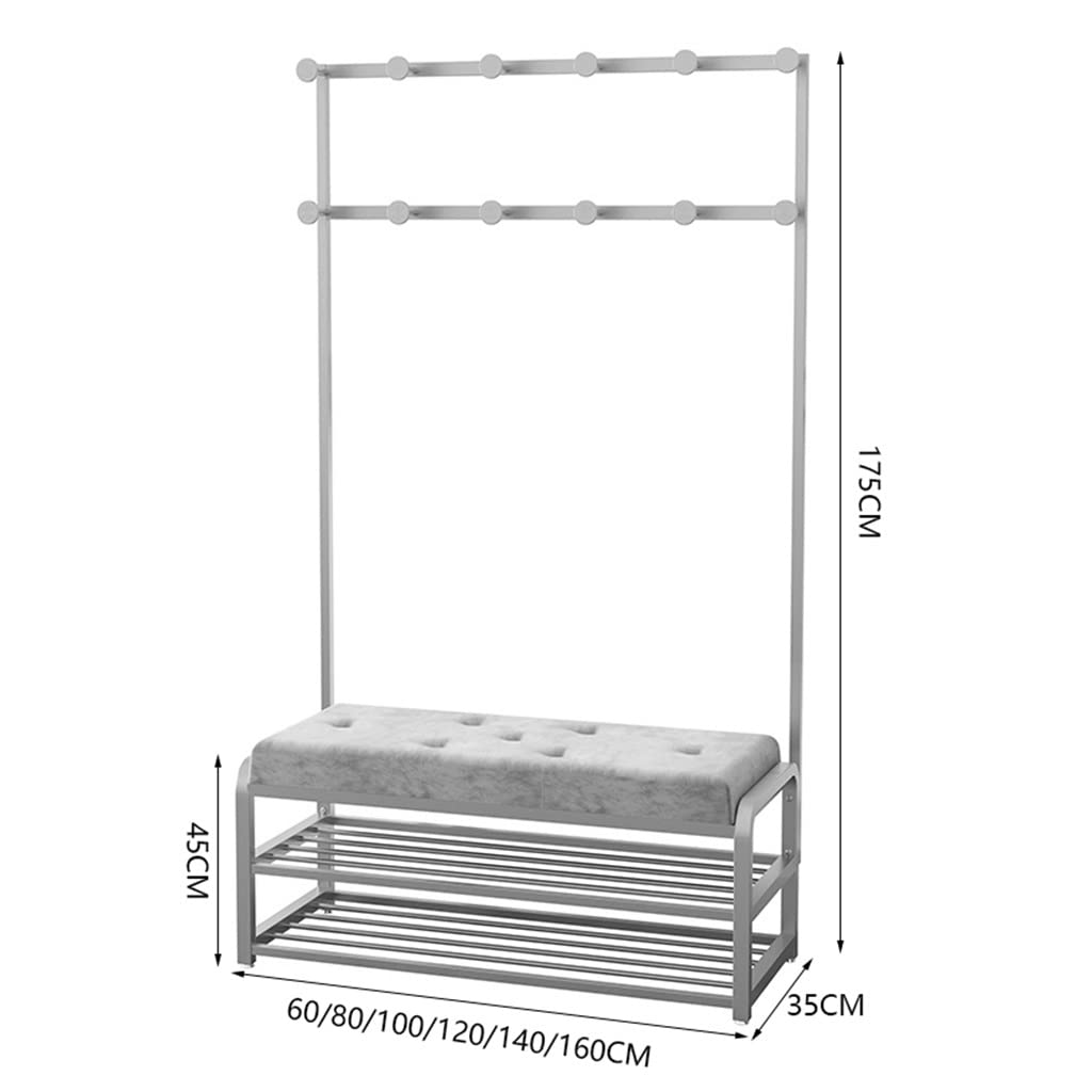 Black Wrought Iron Entryway Coat Rack with Shoe Bench - 2 Storage Shelves & Hooks for Jackets, Hats & Bags | Hall Tree Stand for Home, Bedroom & Clothing Store | Easy Assembly (160x35x175cm) | Perfect for Small Spaces & Organized Entryways
