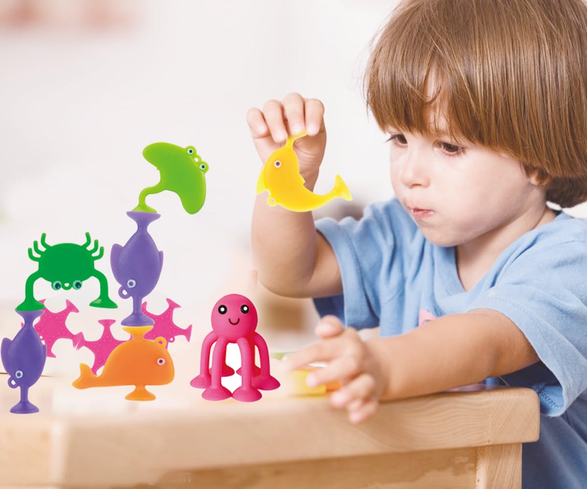9 PCS Silicone Ocean Animal Suction Cup Bath Toys for Toddlers & Kids 6+ Months - Mold-Free, No-Hole Bathtub Sensory Building Toys - Perfect for Bath Time Fun, Early Learning & Sensory Play
