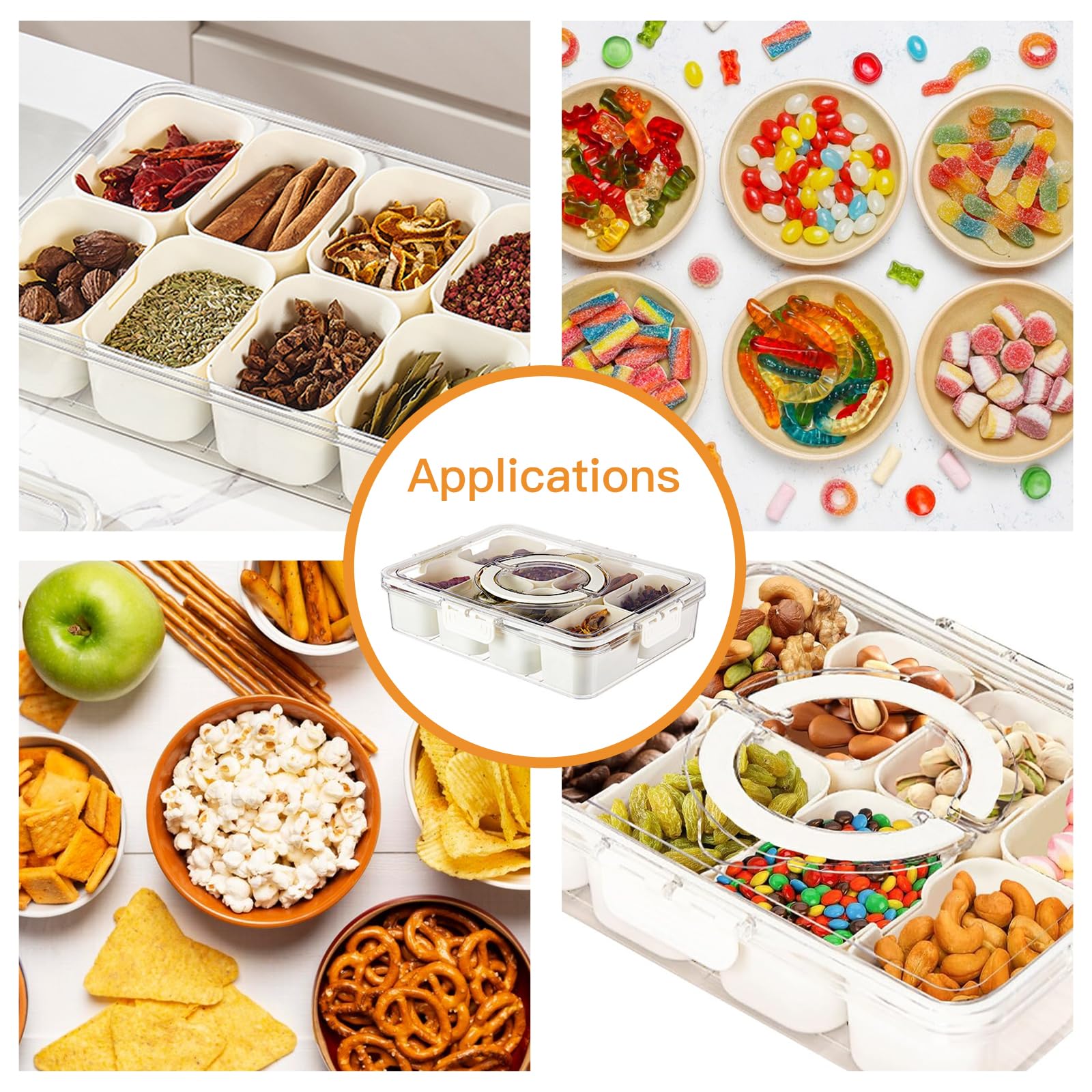 SESAMELESS 8-Compartment Snack Tray with Lid & Handle - Portable Divided Food Container for Snacks, Veggies, Candy & Spices - Perfect for Kitchen, Fridge, Picnics & Parties