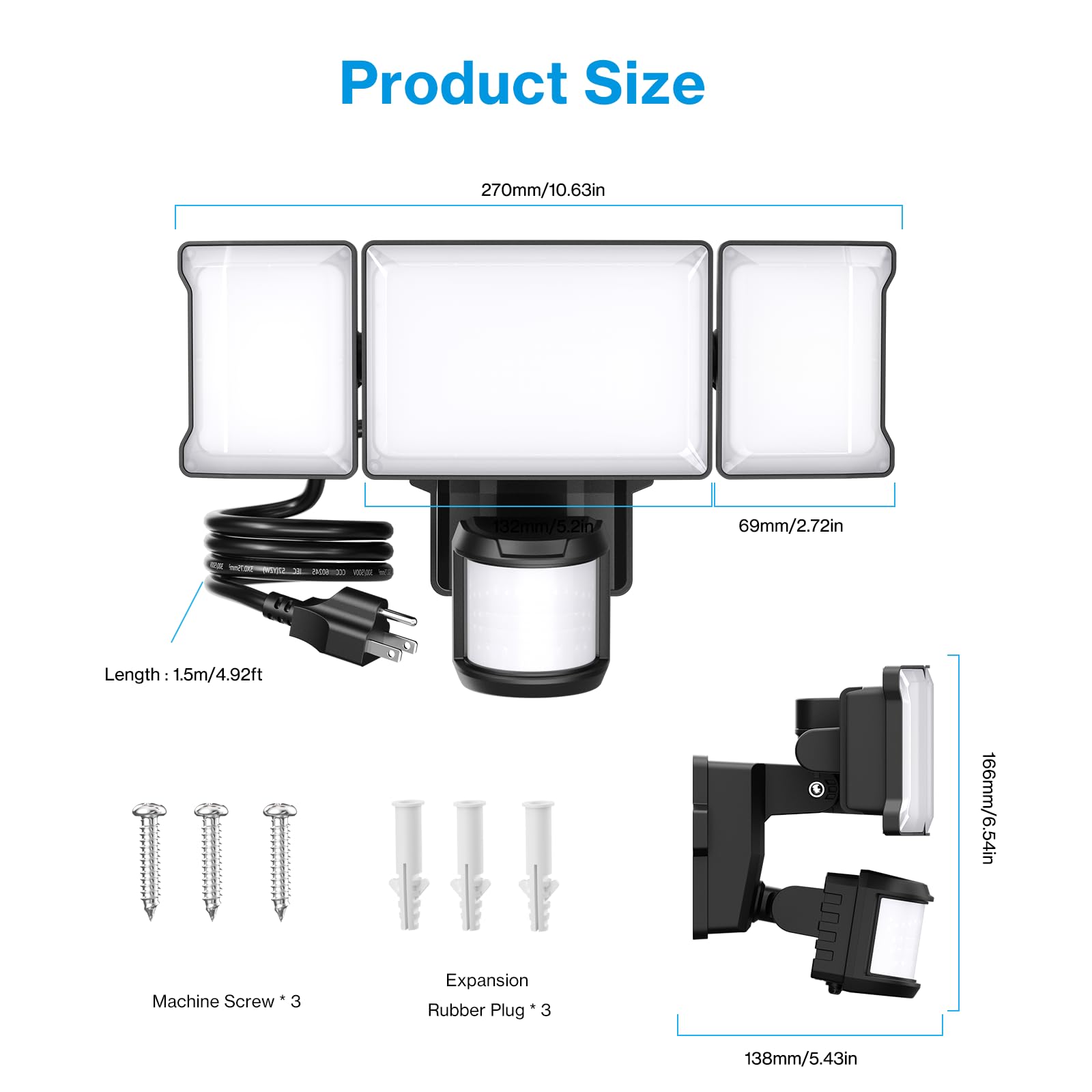 75W Motion Sensor Outdoor Light Plug in - 7500LM LED Security Light with Dusk to Dawn & PIR Sensor, IP65 Waterproof, 6500K Bright White - Ideal for Garage, Yard, Patio, Eave (Black) | Perfect for Home Security & Nighttime Illumination