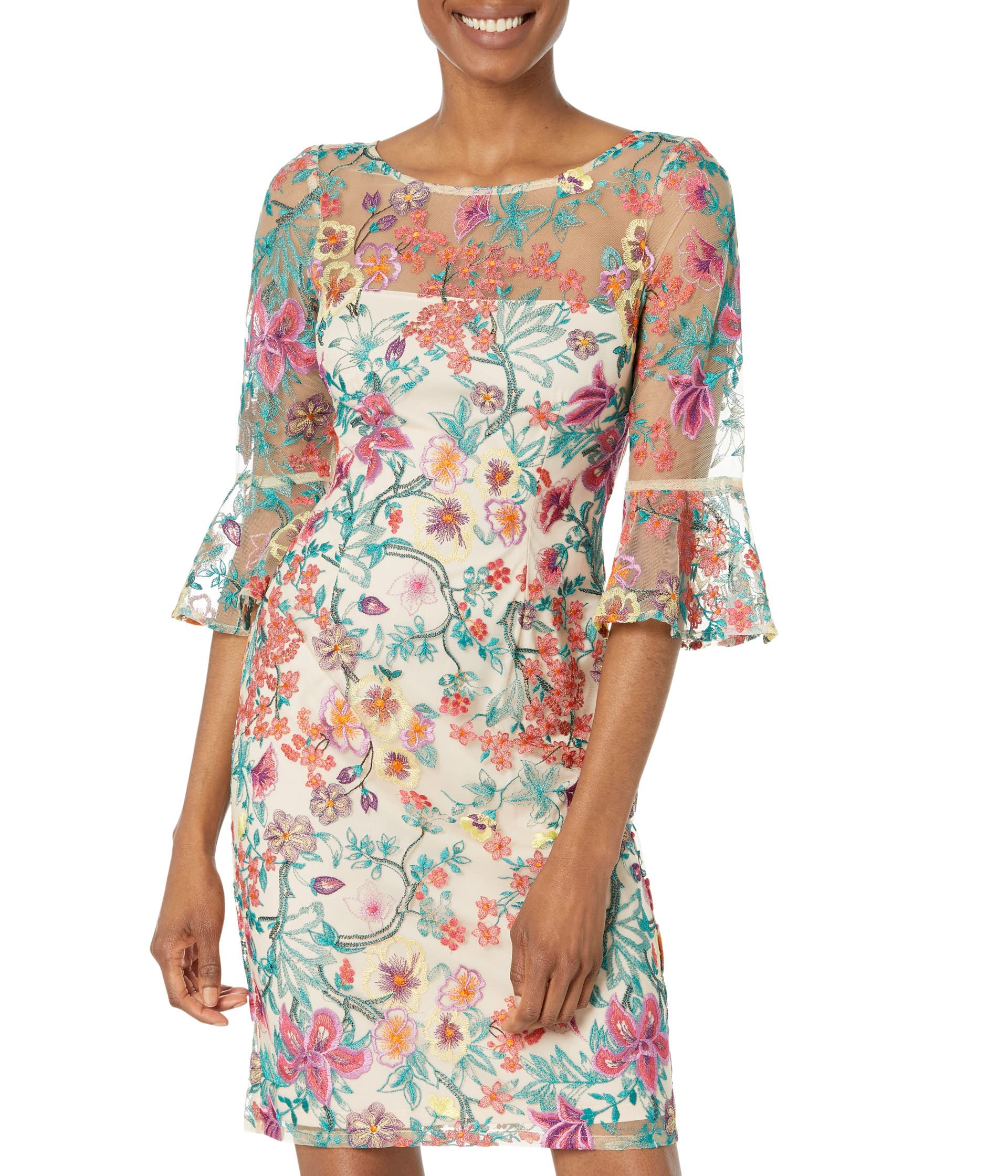Adrianna Papell Floral Embroidered Sheath Dress with Bell Sleeves - Elegant Women's Formal Dress for Wedding, Party & Special Occasions