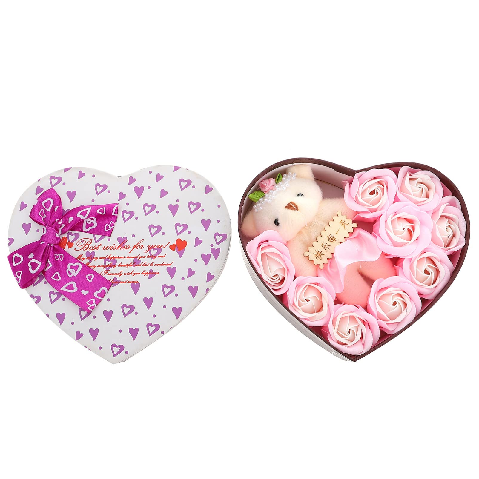 NUOBESTY Floral Scented Rose Petal Bath Soap with Bear Doll in Heart Gift Box - Natural Handmade Body Wash for Women, Perfect for Valentine's Day, Mother's Day Gifts & Romantic Bath Time Relaxation