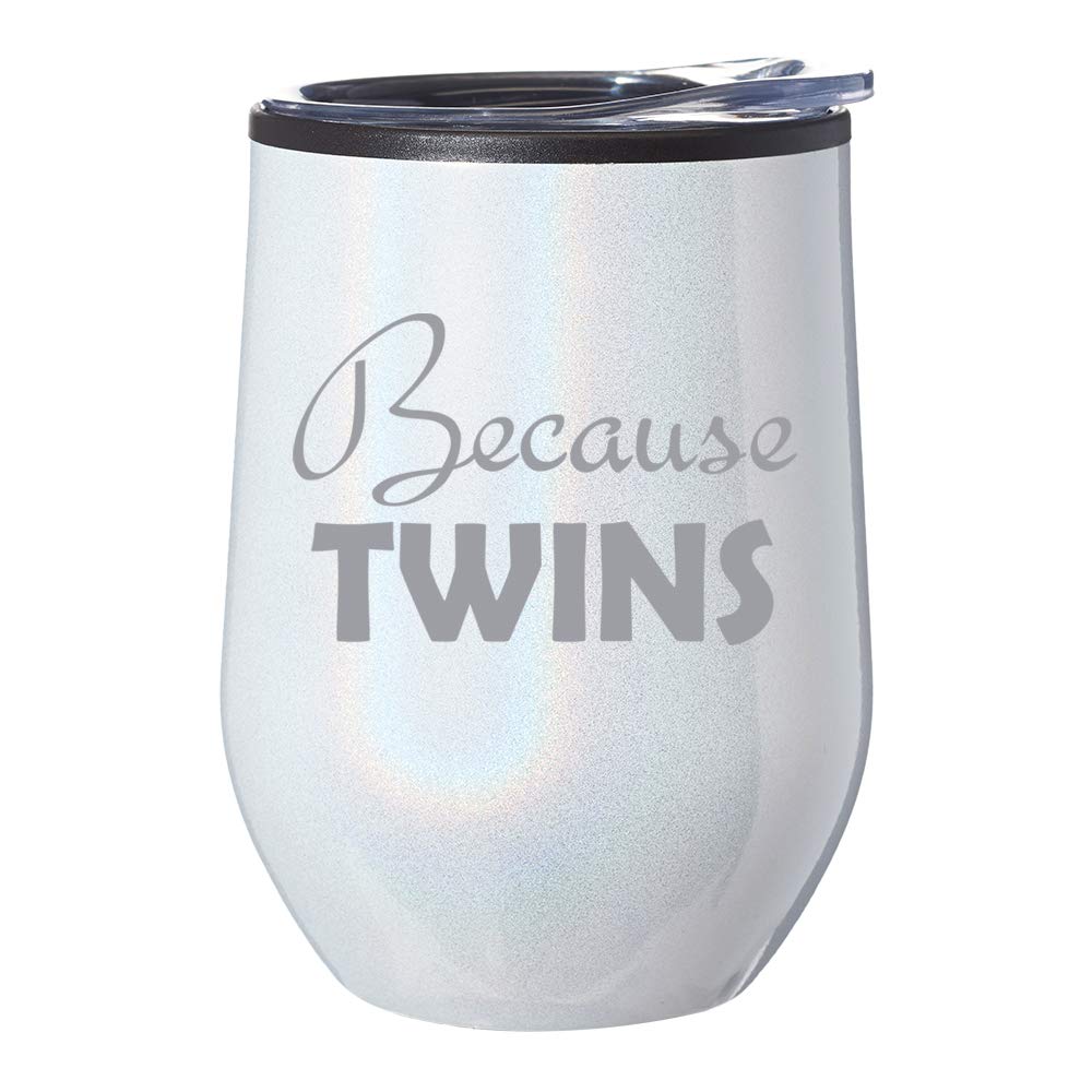 Stemless Wine Tumbler with Lid - 20oz Insulated Travel Mug for Coffee, Tea & Cocktails - Sparkling White Iridescent Glitter Glass Cup - Perfect Gift for Moms, Dads & Parents of Twins - Great for Home, Office, Travel & Outdoor Activities