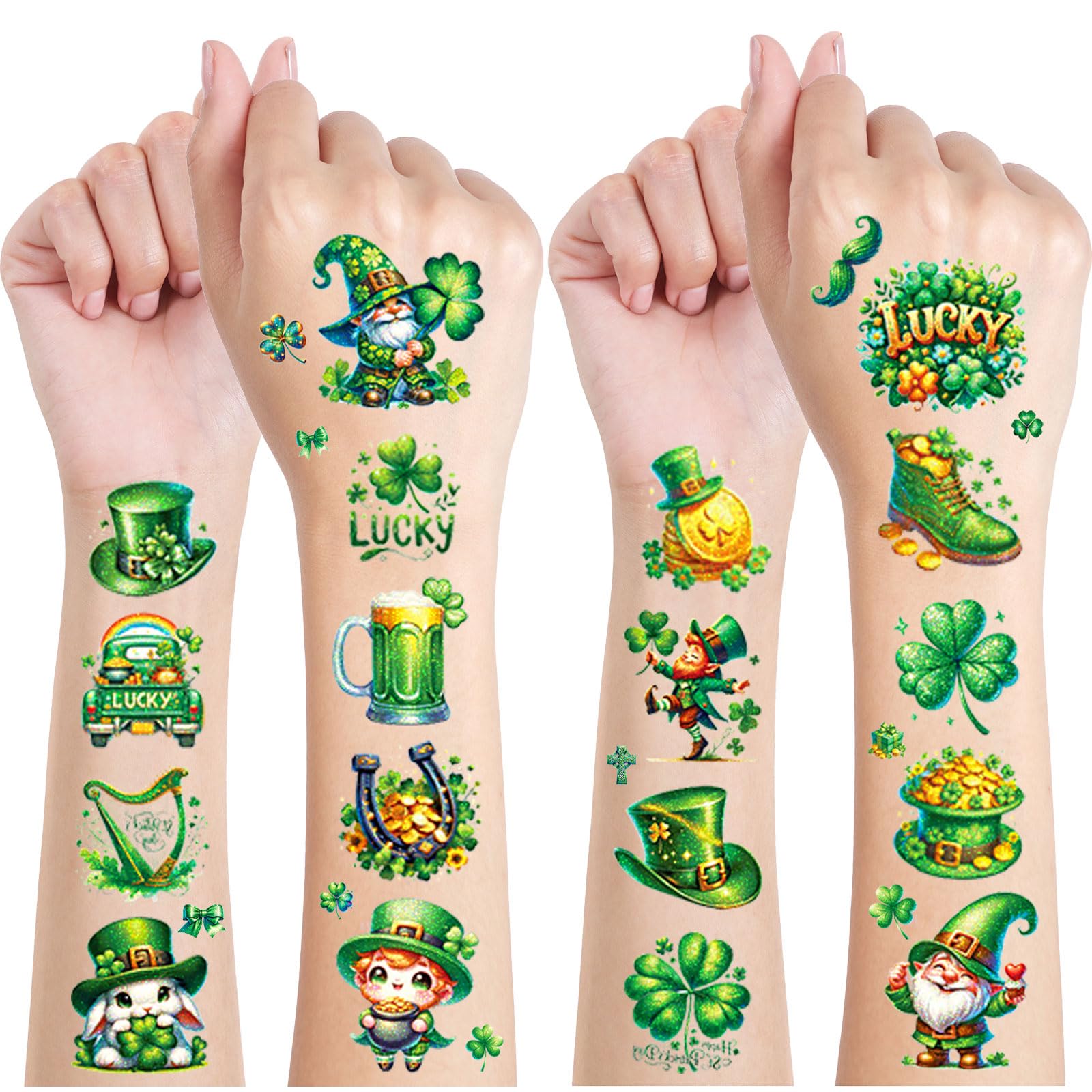St. Patrick's Day Glitter Tattoo Kit for Kids - 12 Sheets Temporary Tattoos, Shamrock Face & Body Art, Party Favors & Gifts for Boys & Girls | Perfect for St. Patrick's Day Parties, School Events & Festive Celebrations