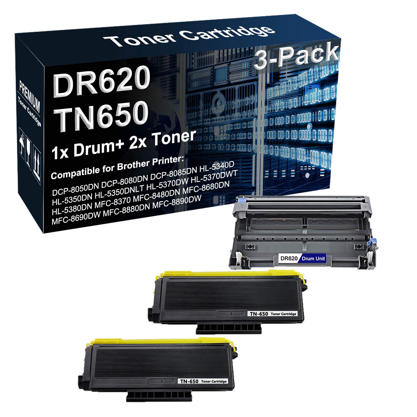 3-Pack Compatible DR620 Drum Unit & TN650 Toner Cartridge for Brother DCP-8085DN HL-5350DNLT HL-5380DN MFC-8680DN MFC-8890DW Printers - High Yield Black Replacement - Perfect for Office & Home Printing Needs
