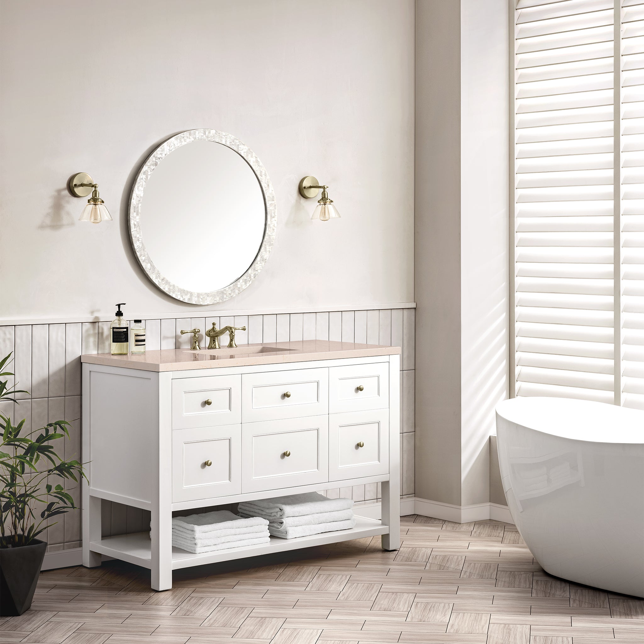 Breckenridge 48 Inch Single Bathroom Vanity Set with Bright White Finish & 3CM Eternal Marfil Stone Top - Perfect for Modern Master Bathrooms & Guest Powder Rooms